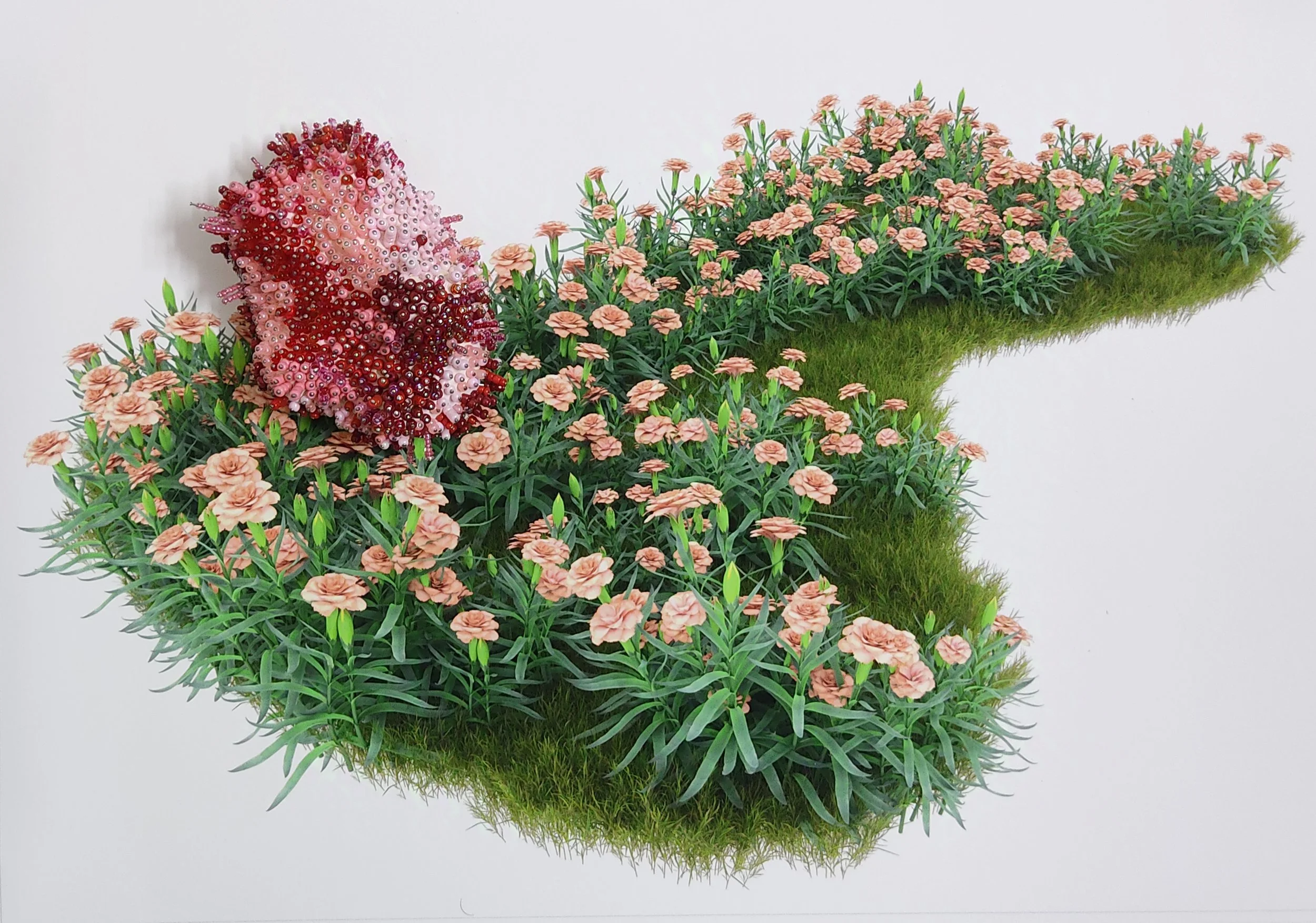 A mixed-media art piece of a cow made from flowers, plants, and beads, featuring pink and red flowers with greenery, on a plain white background.