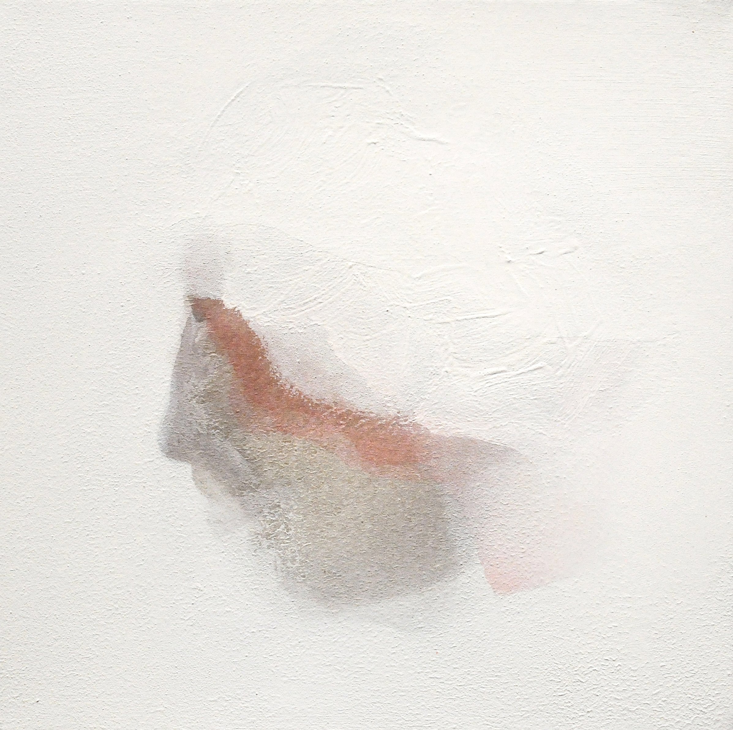 An abstract painting on a textured white wall with shades of red, pink, and gray.