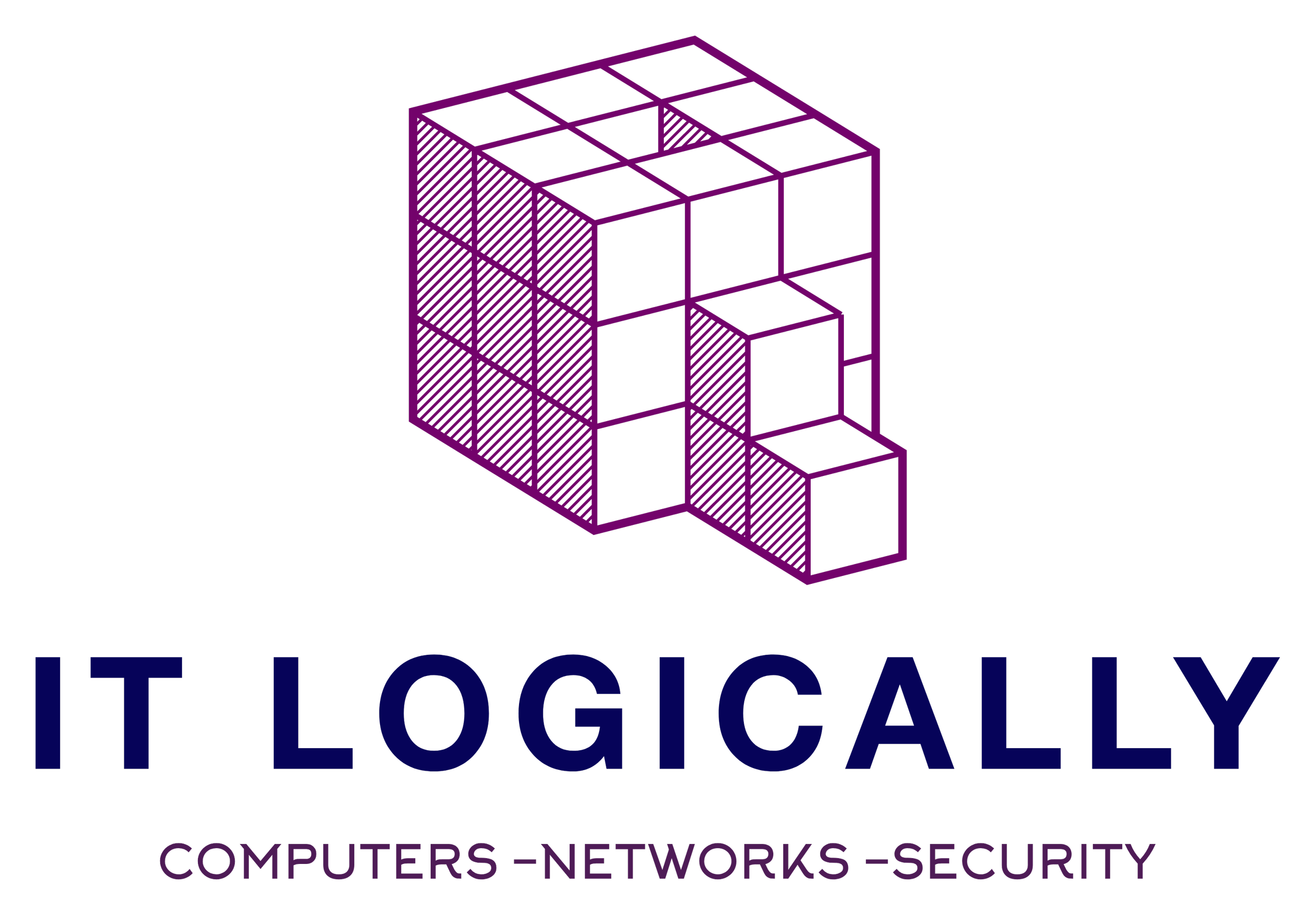 Logo featuring a three-dimensional purple wireframe cube with digital lines and the text 'IT LOGICALLY' in dark blue, and 'COMPUTERS NETWORKS SECURITY' in purple.