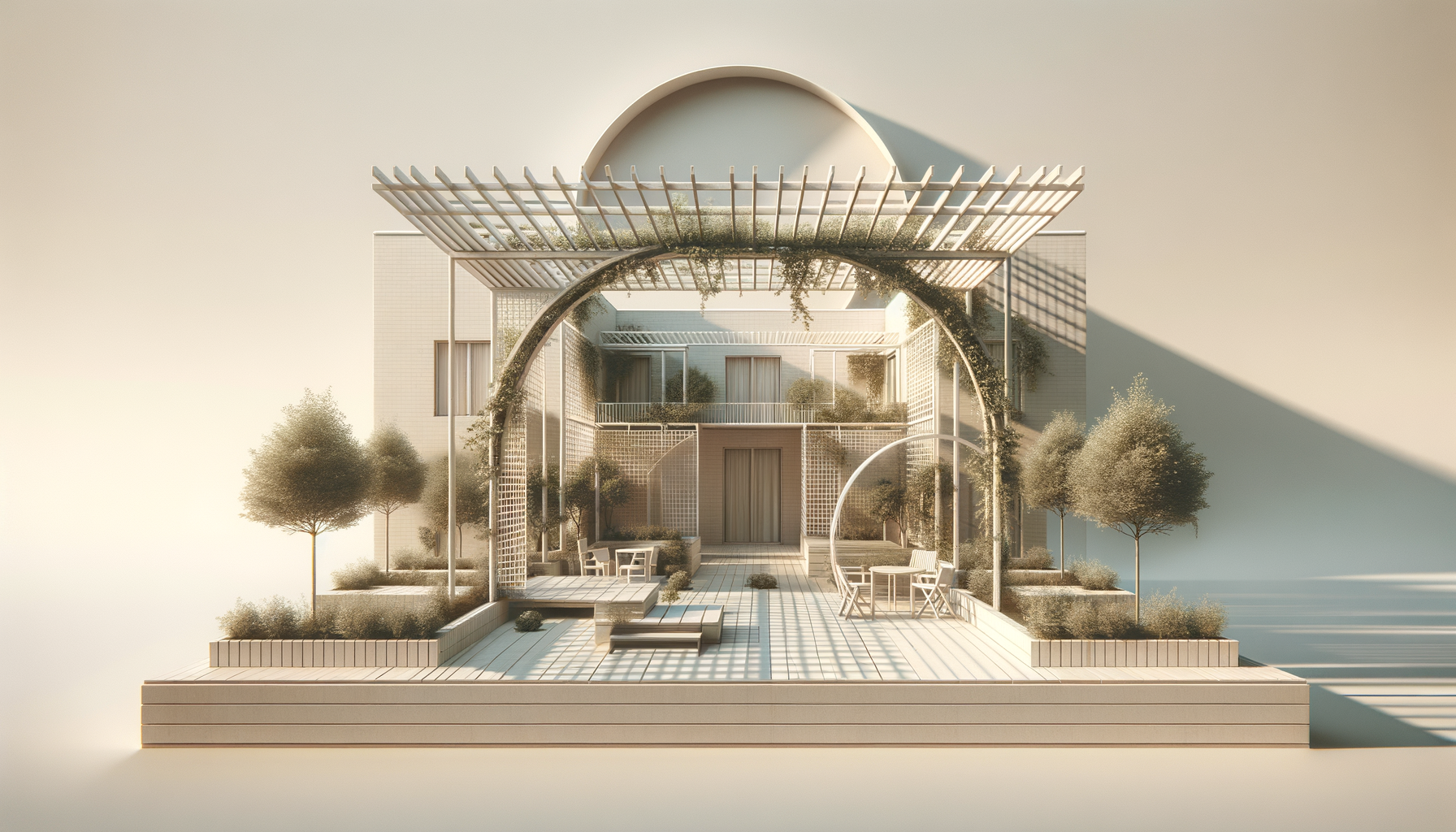 3D Rendered modern house with courtyard, trees, and outdoor seating, illuminated by warm sunlight.