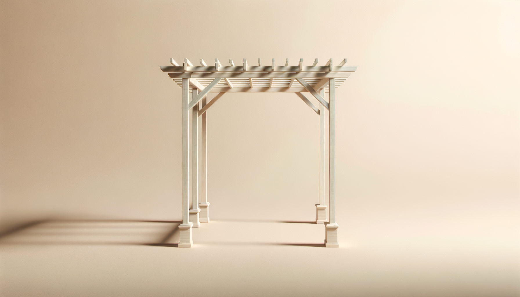 A white wooden garden arbor with lattice roof and decorative base on a beige background.