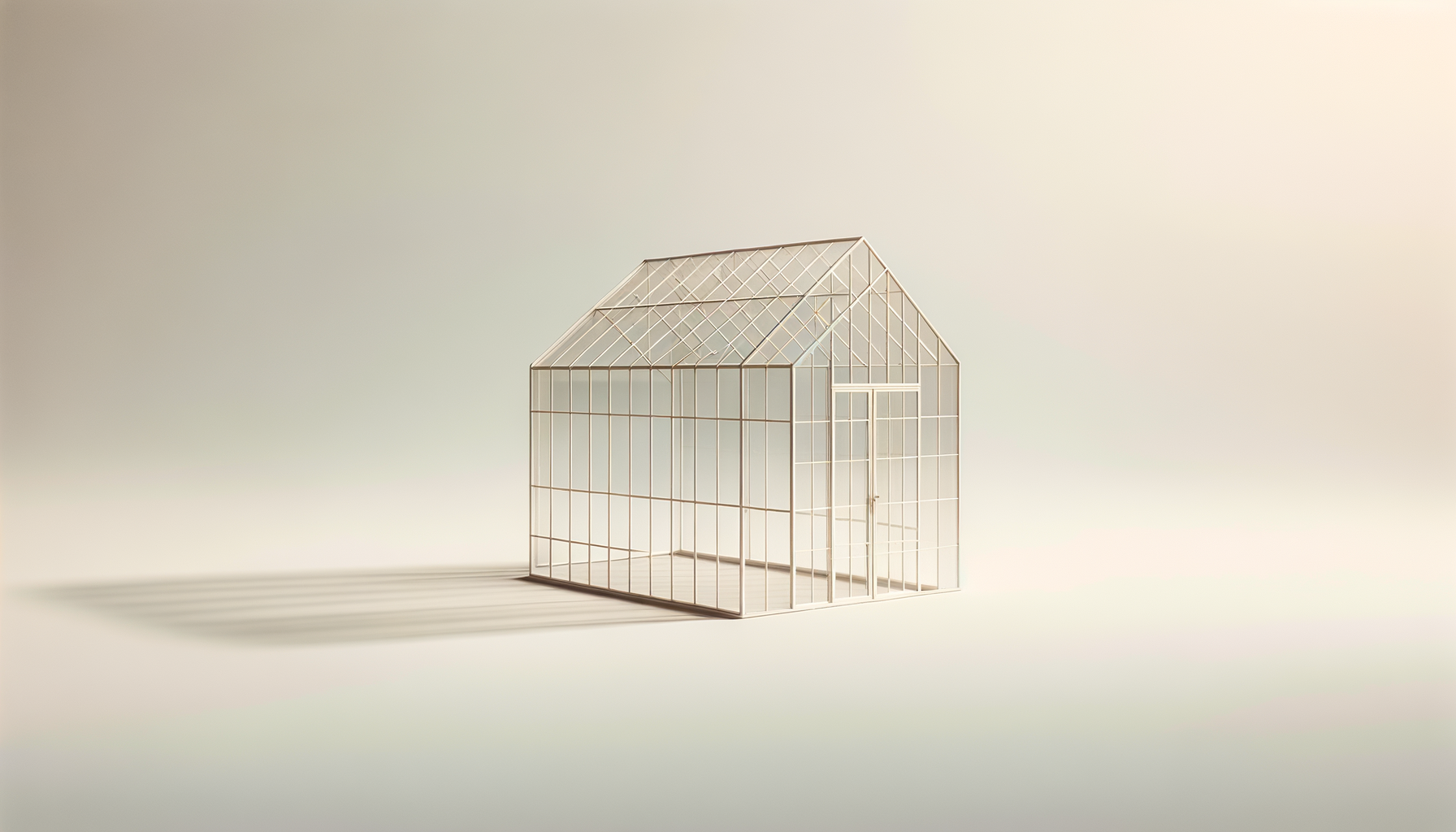 Empty white metal greenhouse casting a shadow on a neutral background.