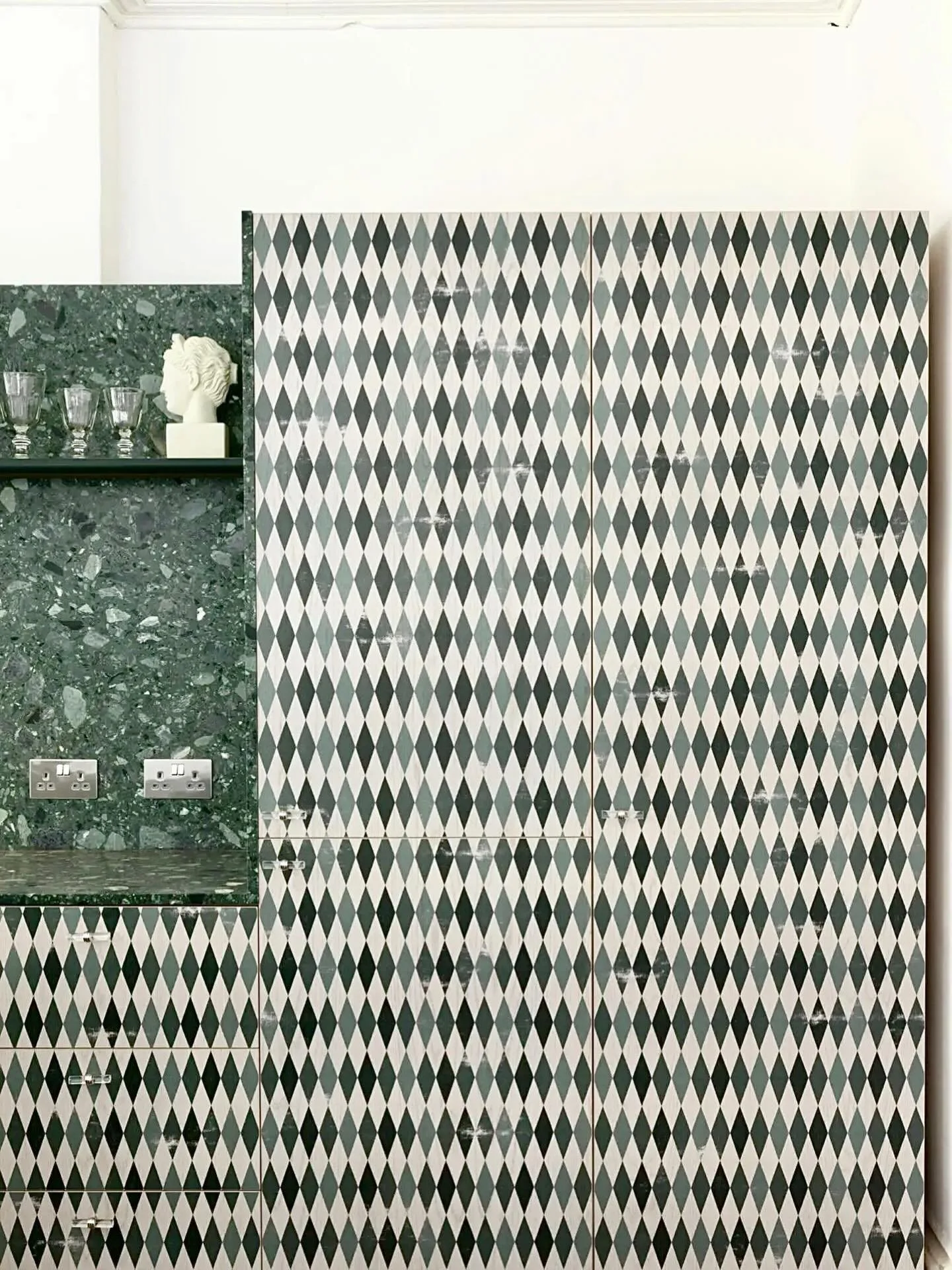 HARLEQUIN printed kitchen // Our unique selling point for many years has been bespoke printed kitchens. We can create a custom print &amp; match it perfectly across surfaces to form a unique design. This print was textured to appear slightly worn &am