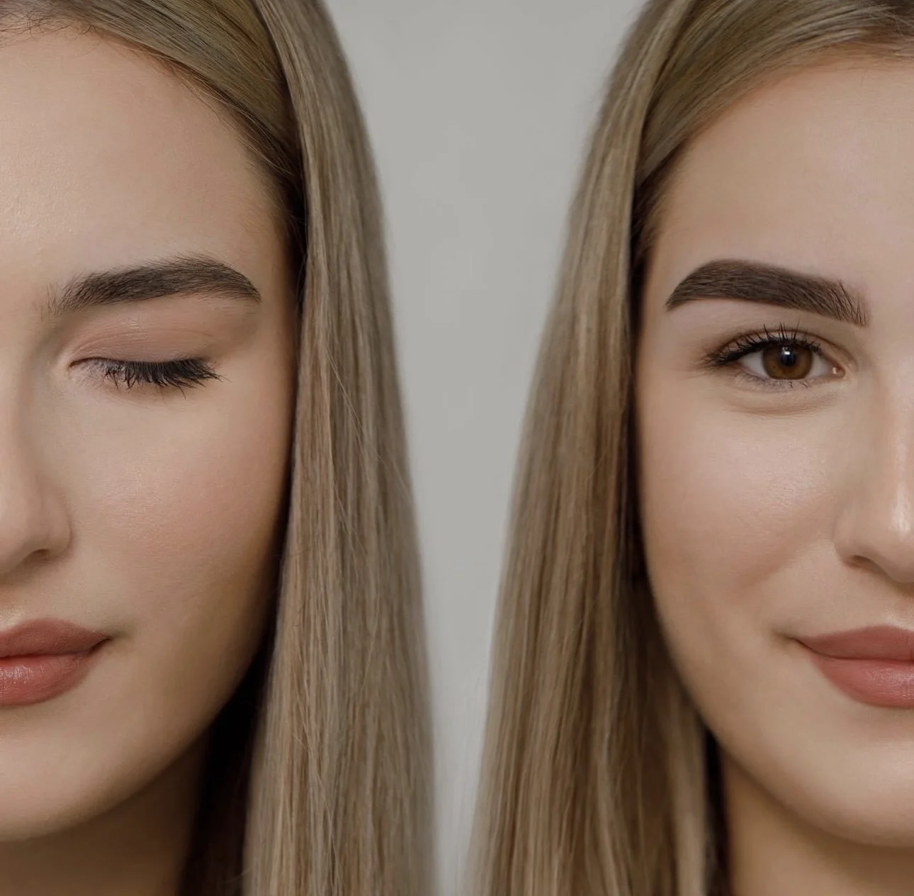 Close-up of a woman with long blonde hair, with one eye closed and the other open, showing full makeup and groomed eyebrows.