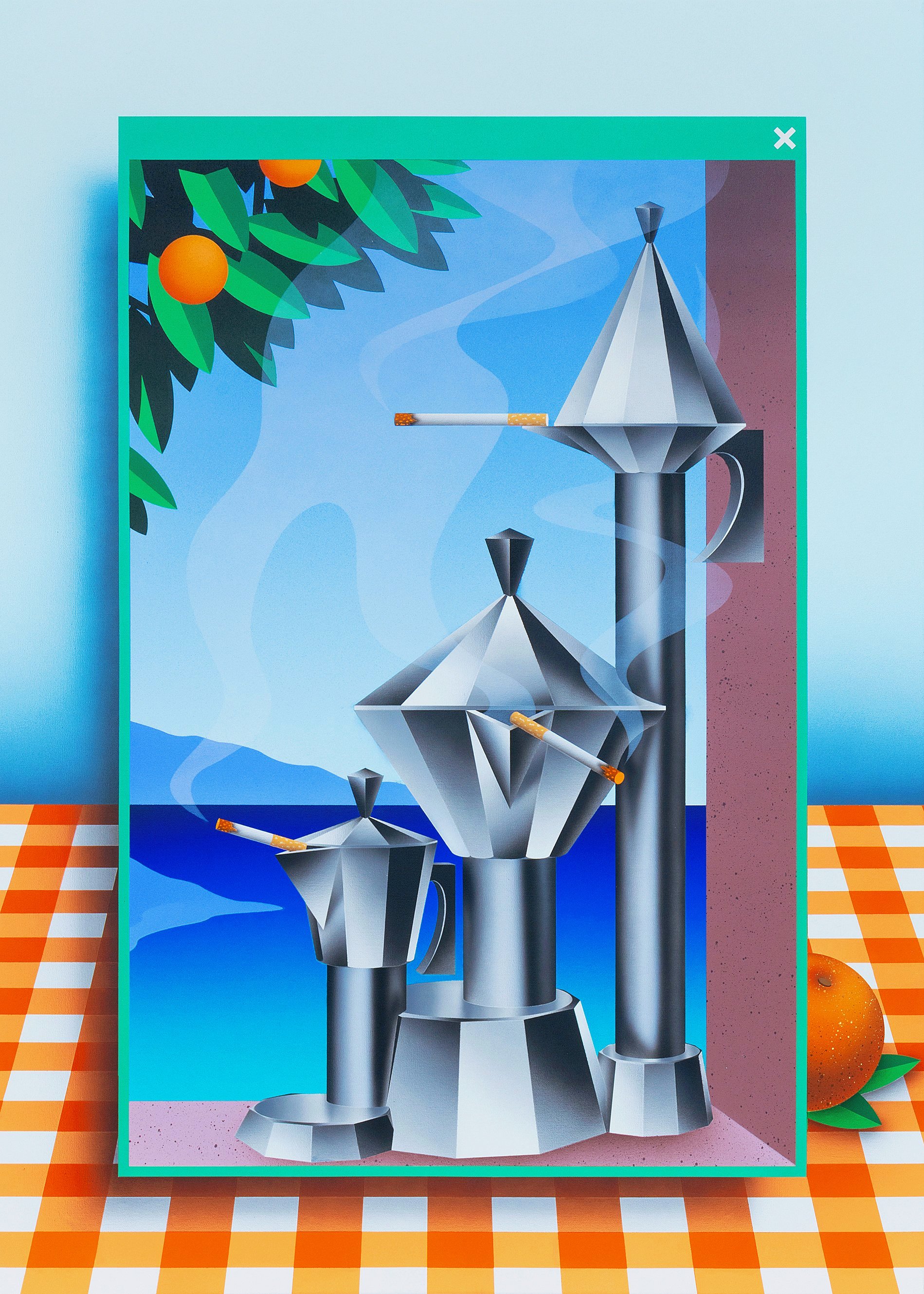 Window View 19 – Coffee Break, 2024. Acrylics and spray paint on canvas – 100 x 140 cm / 39 x 55 in.