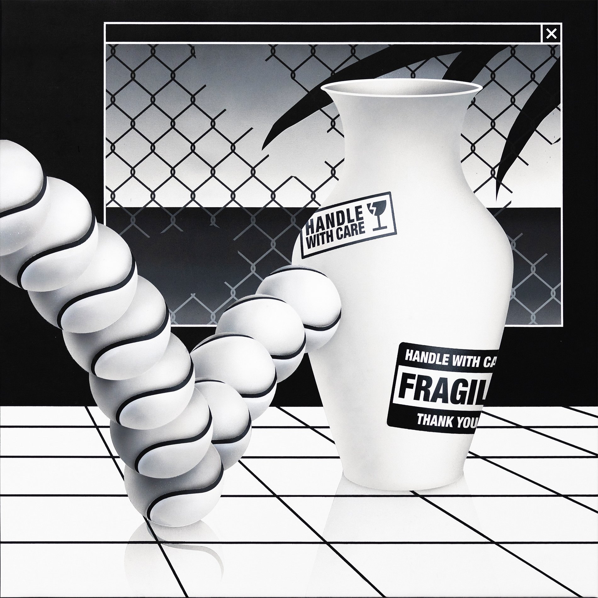 White Fragility, 2020. Spray paint on canvas – 100 x 100 cm / 55 x 63 in.