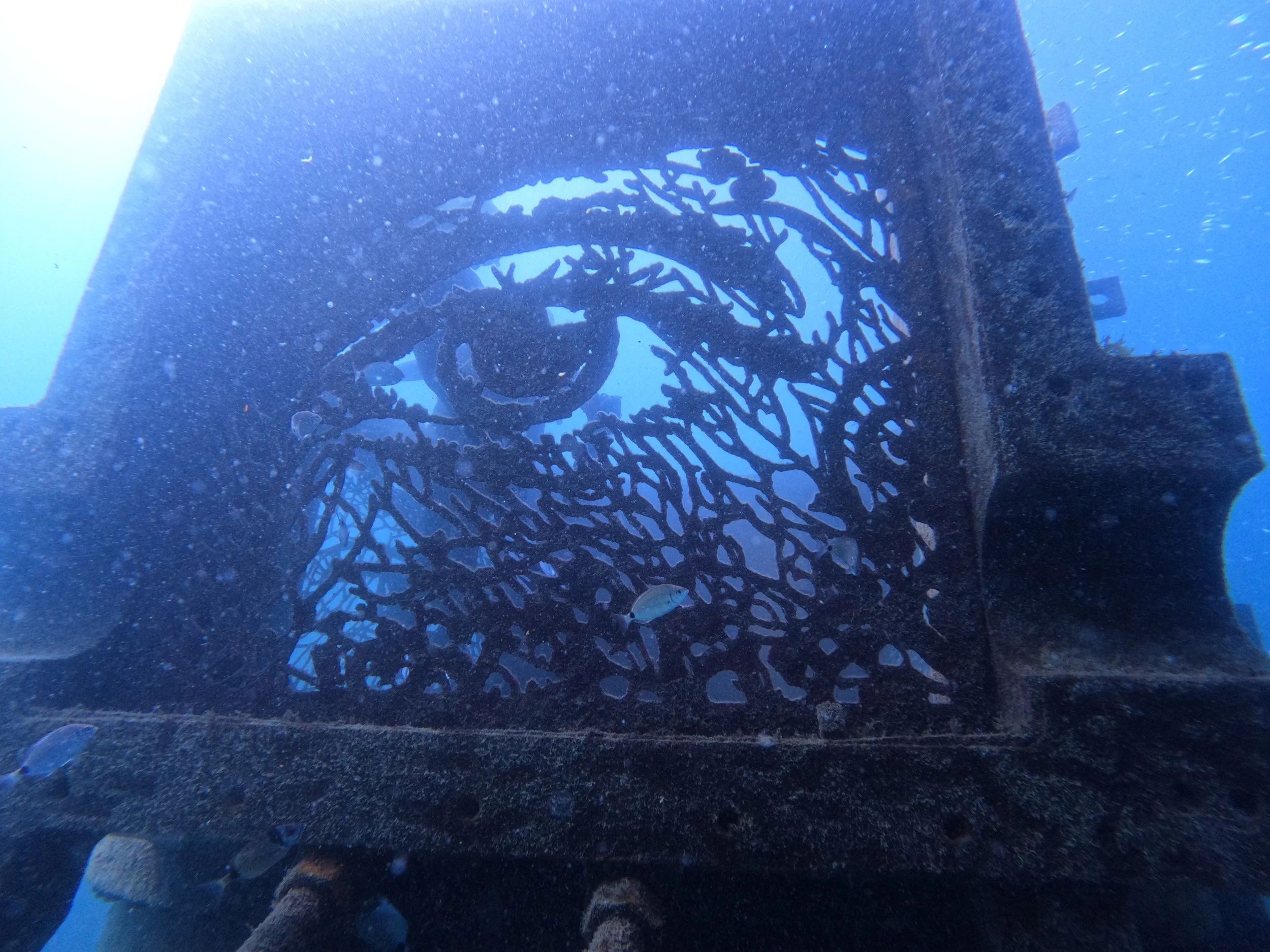 Work of art by Vhils' in a underwater exhibition ©️Indigo Divers