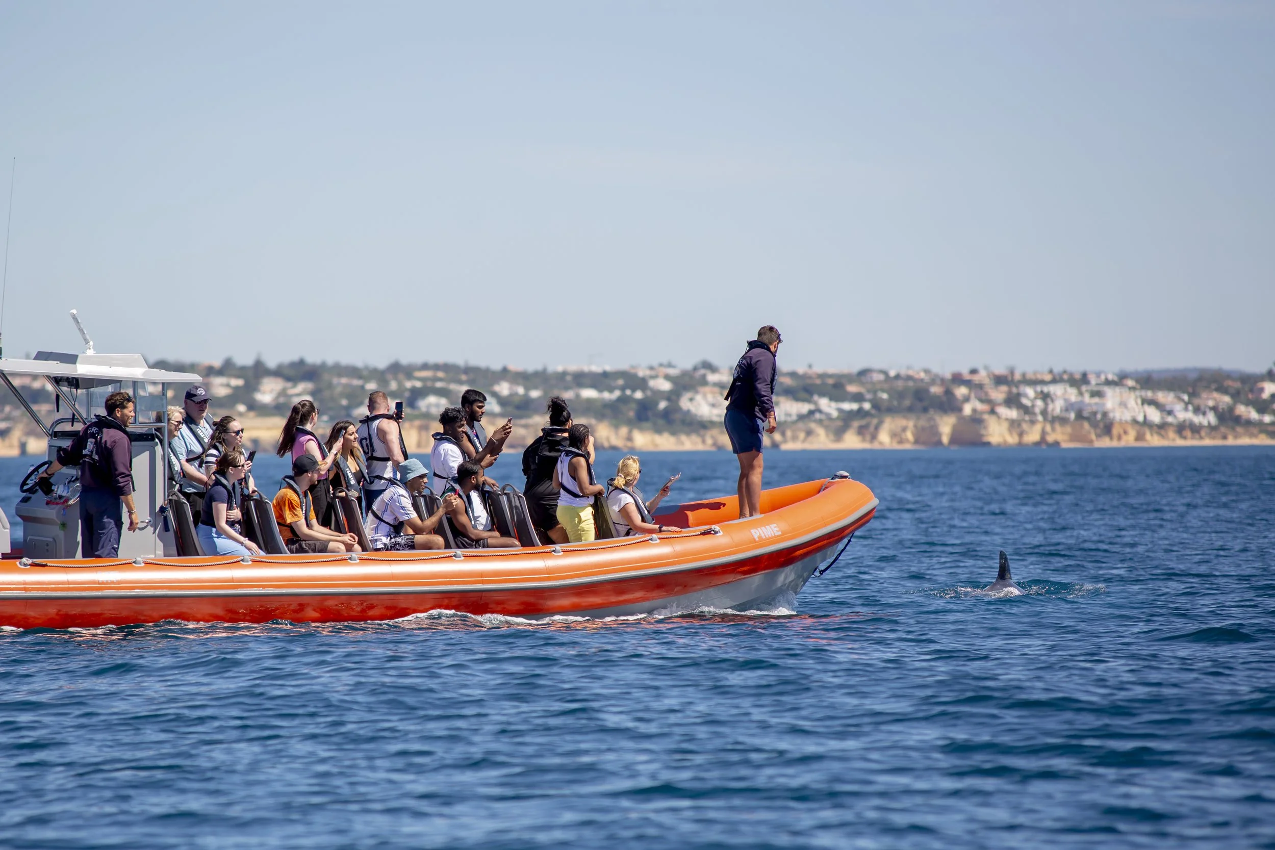 A group of tourists in a boat watching dolphins along the Algarve coastline ©️Ski Molhado