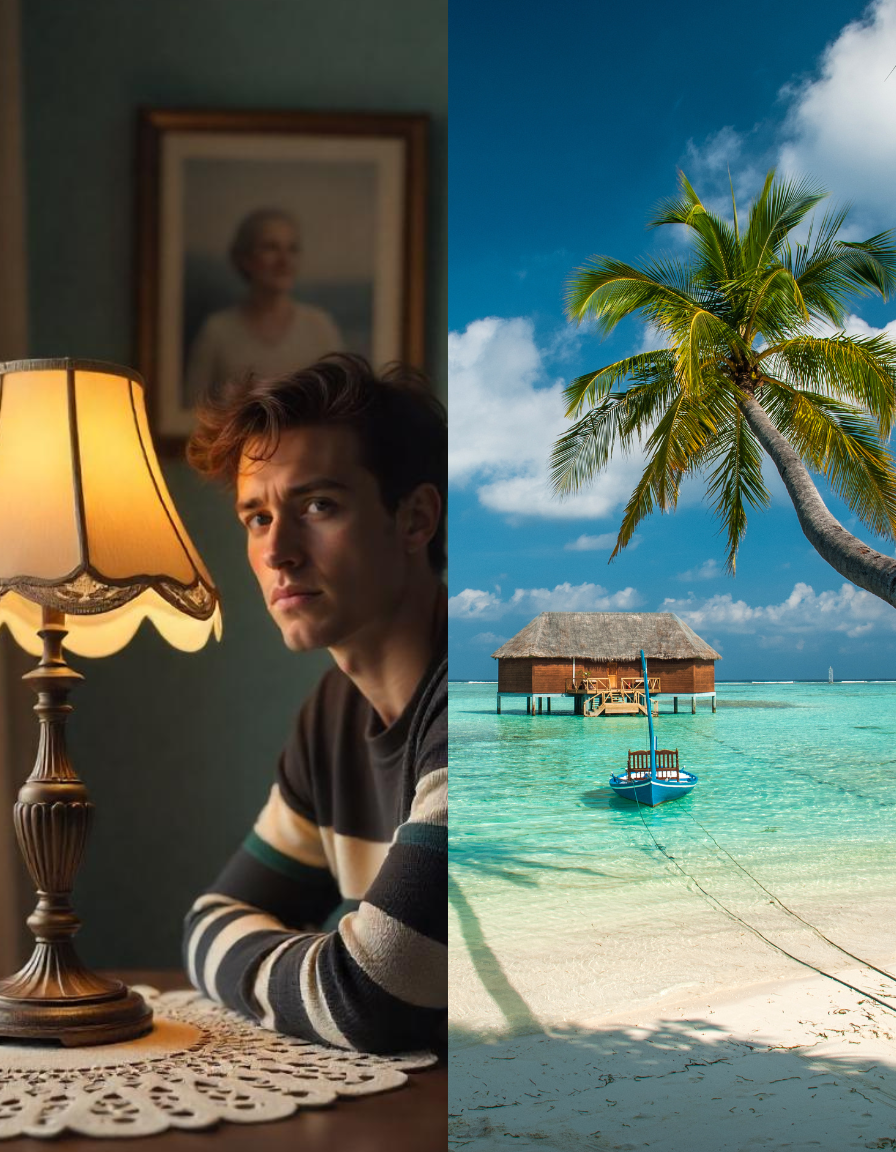 Half of a young man sitting indoors with a serious expression, using a lamp for lighting, and a framed portrait on the wall behind him. The scene transitions into a tropical beach with a palm tree, overwater bungalow, and a boat on clear turquoise water.