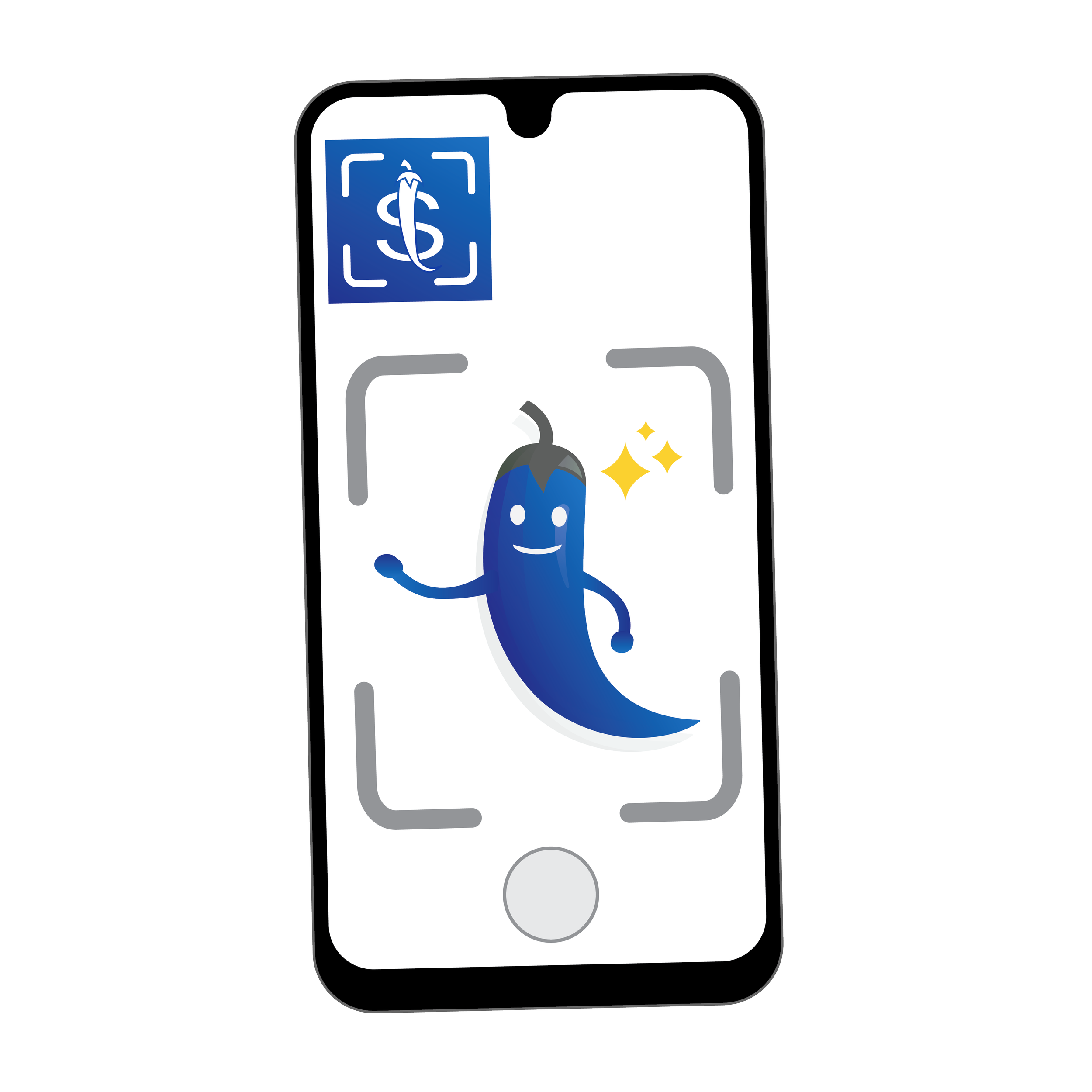 A smartphone screen displaying a blue cartoon eggplant with a smiley face, arms, and sparkles, surrounded by a grey frame indicating a scanning process, with a health insurance symbol in the upper left corner.