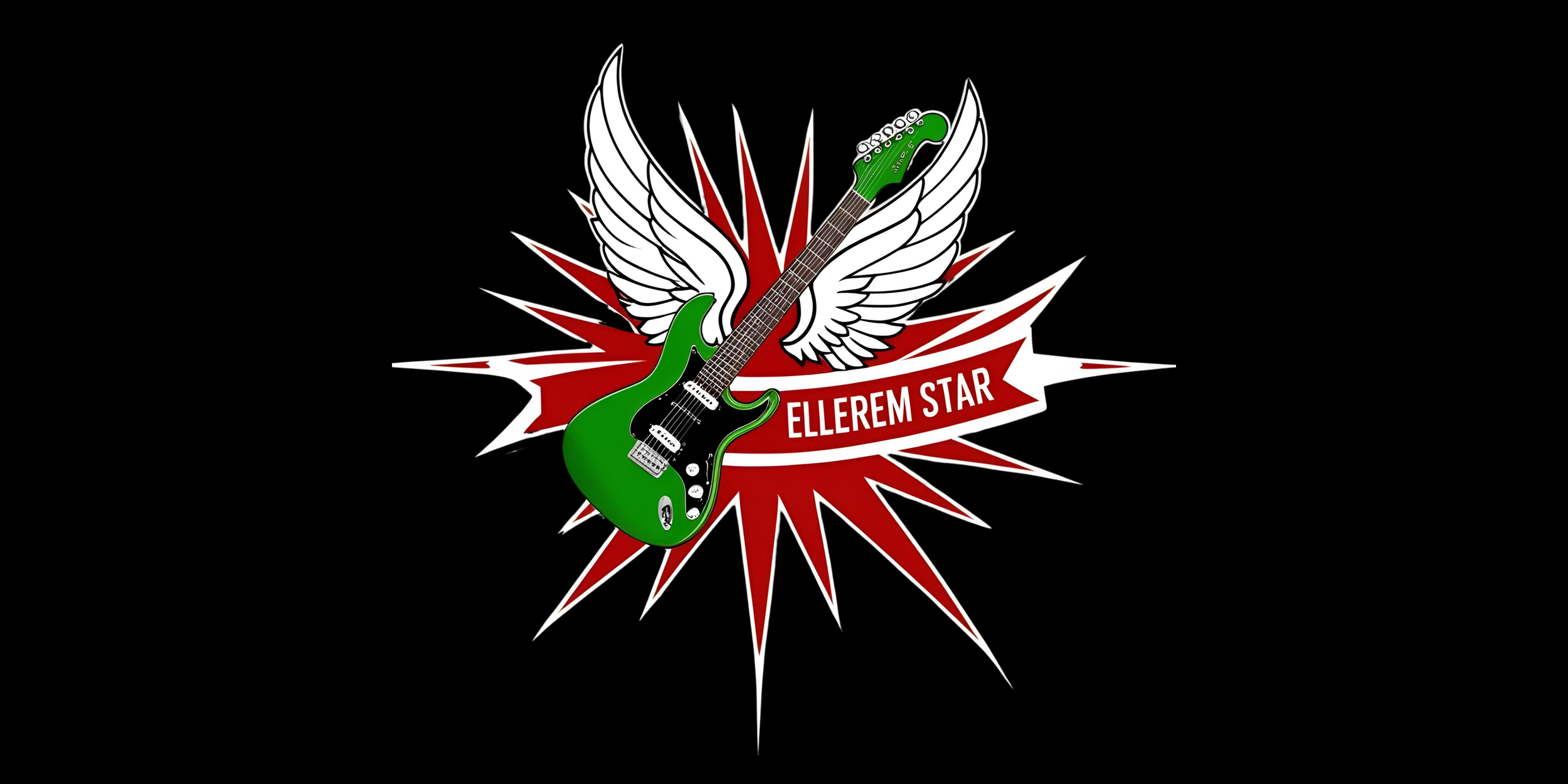 A LOGO featuring a green electric guitar with a winged background and a red starburst with a white banner that reads 'ELLEREM STAR'.
