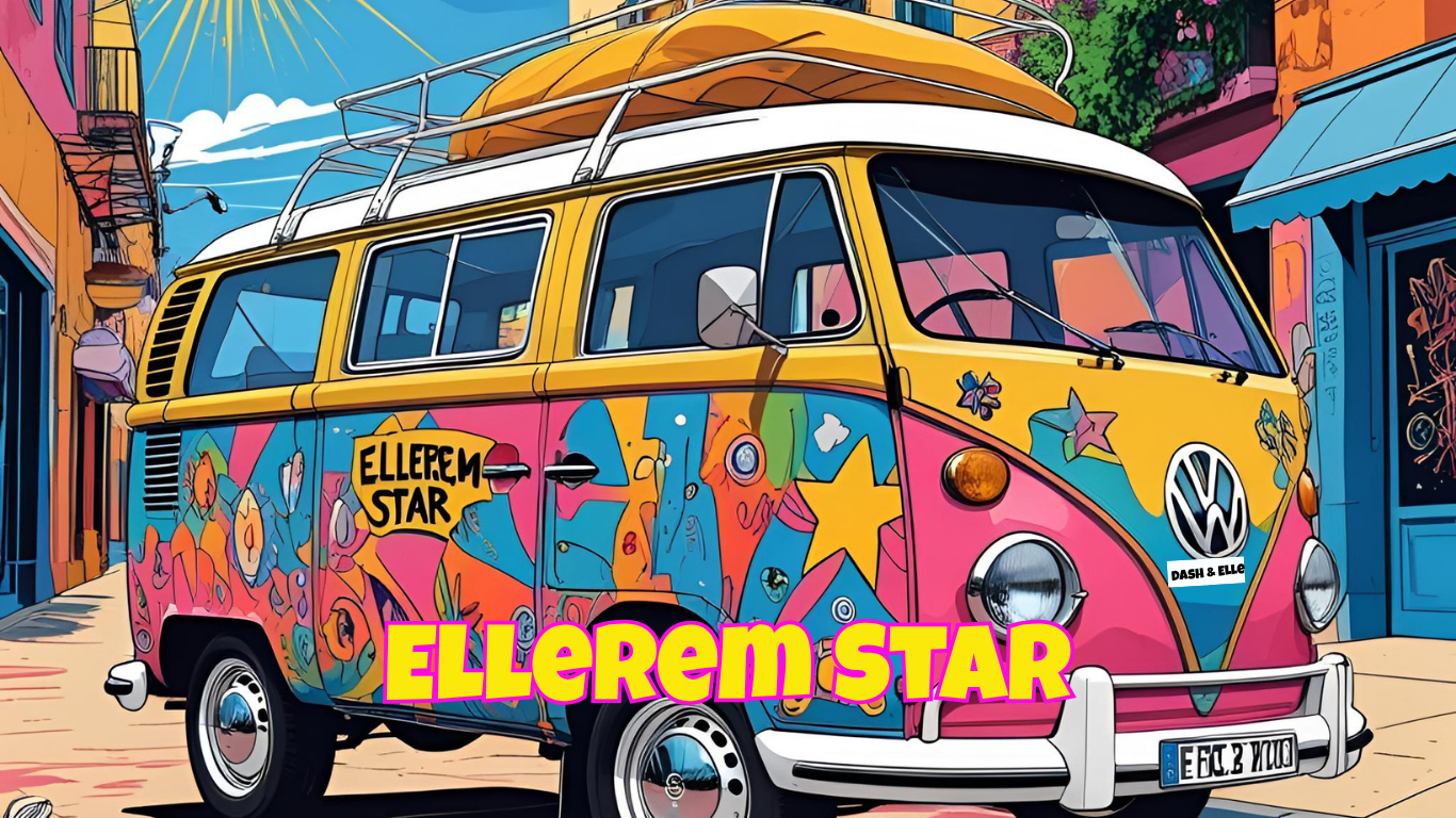 Colorful vintage Volkswagen van with star and flower stickers, parked on a lively street with animated buildings, featuring bright pink, yellow, and blue colors and large pink text reading 'ELLEREM STAR'.