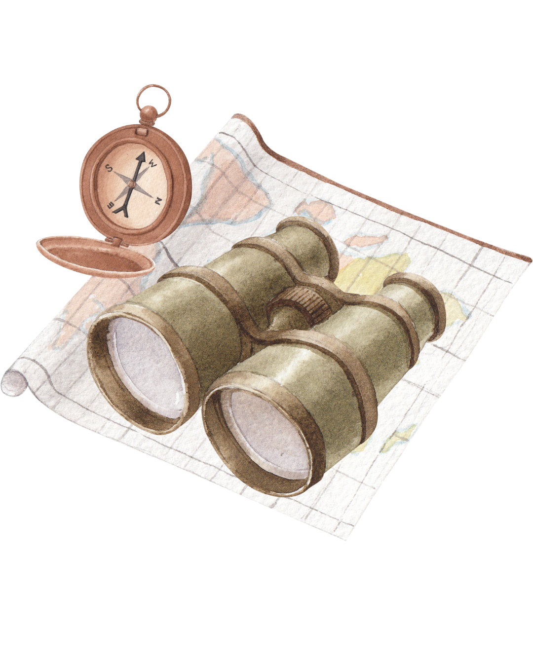 A pair of binoculars, an open compass, and a folded map with geographic markings.