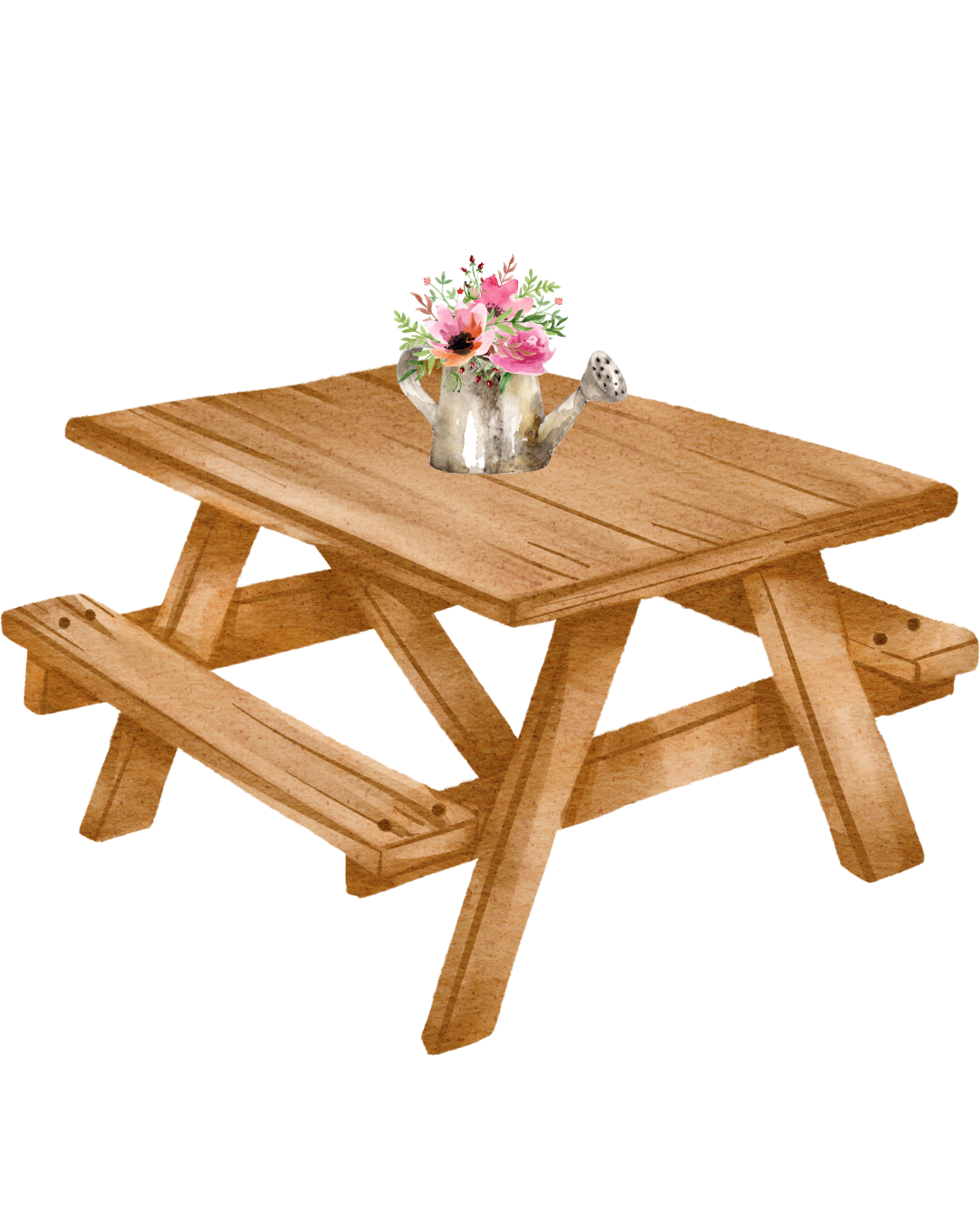 A small wooden picnic table with a circular hole in the center filled with pink flowers, a fleshy stem, and a small watering can handle.