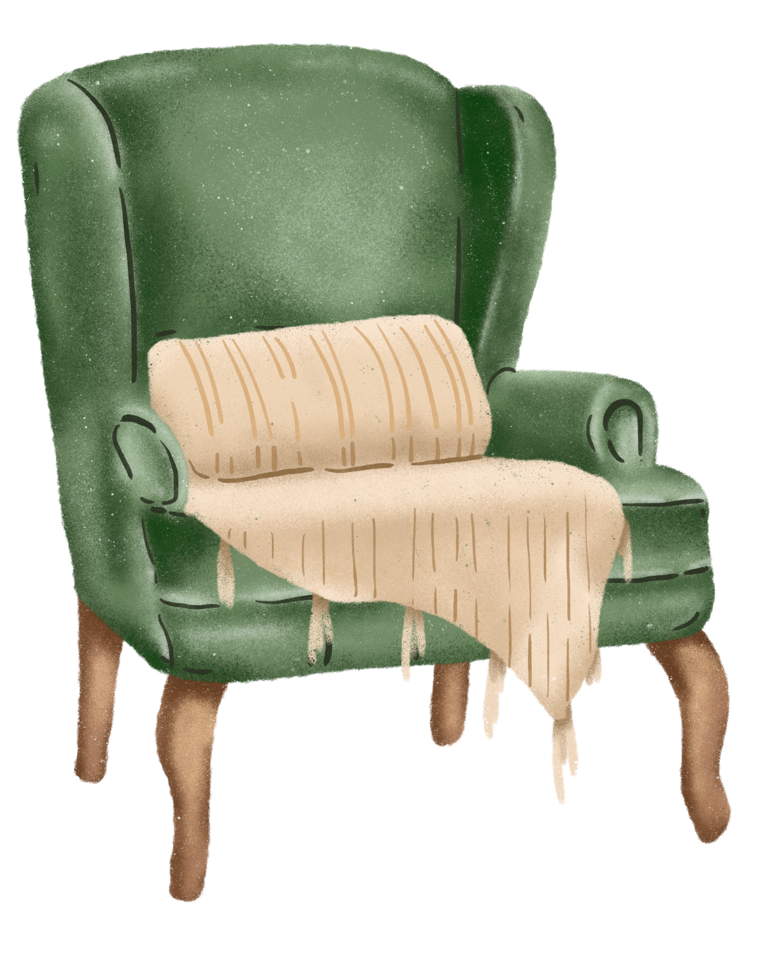 Green upholstered armchair with beige pillow and throw blanket. Wooden legs.
