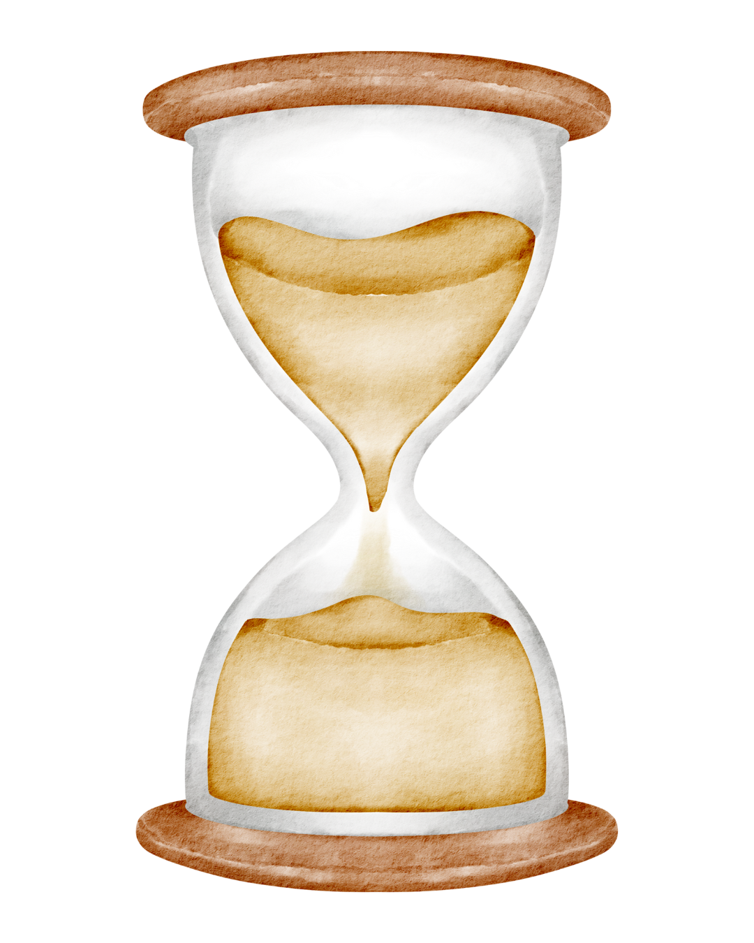 Watercolor illustration of an hourglass with sand flowing from the top chamber to the bottom chamber.