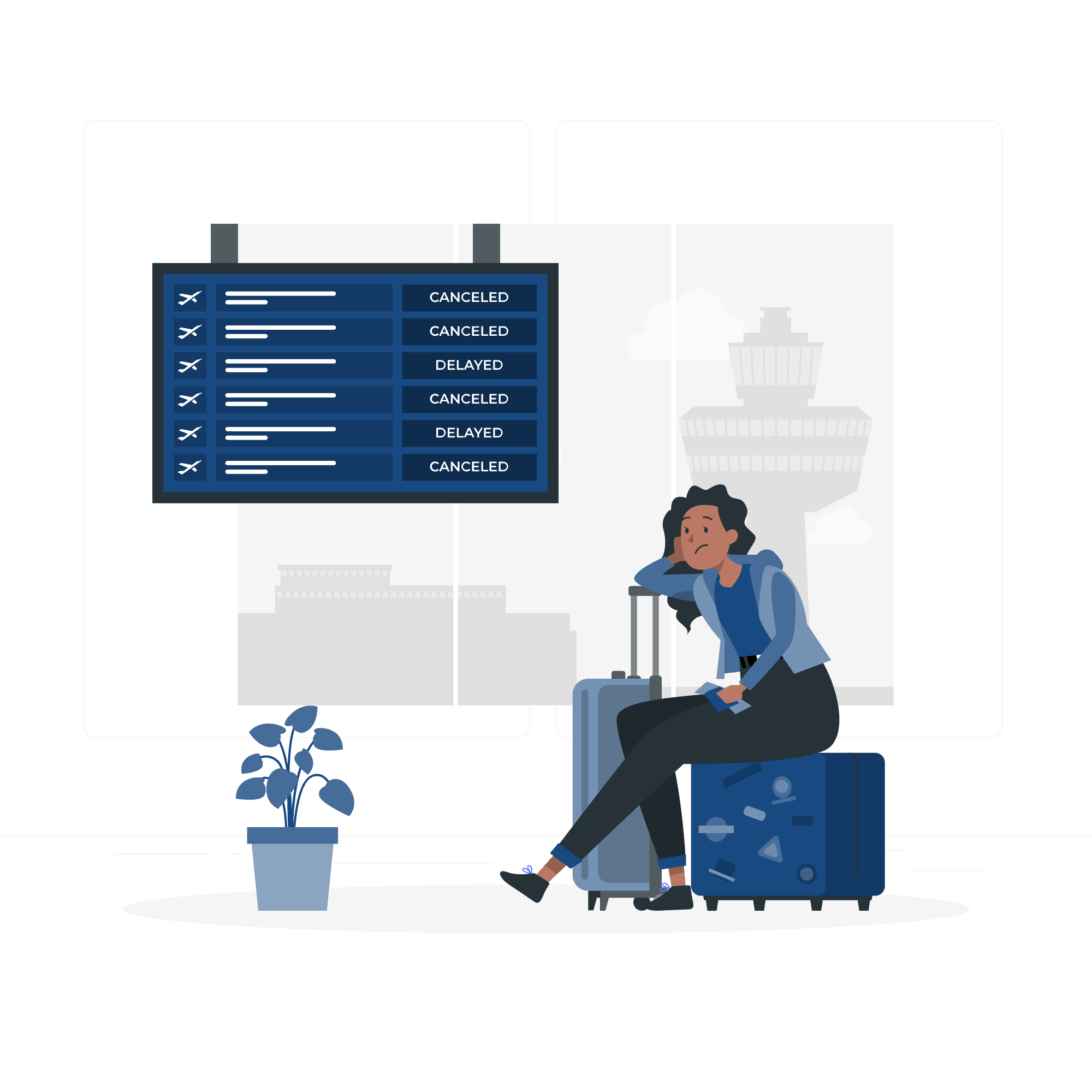 A woman sitting at an airport terminal, looking worried with her luggage, and a flight display board showing canceled and delayed flights.