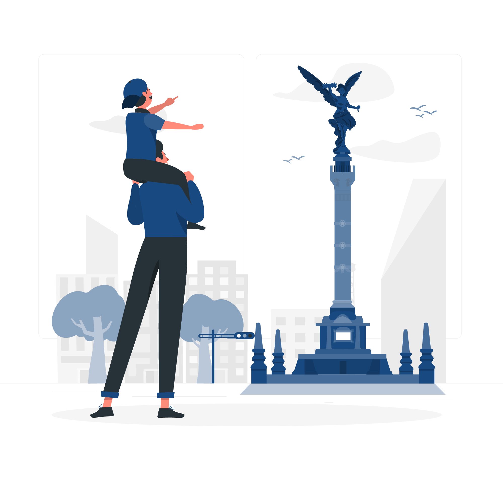 A family standing in front of a monument with one person carrying another on their shoulders, both looking at the monument.