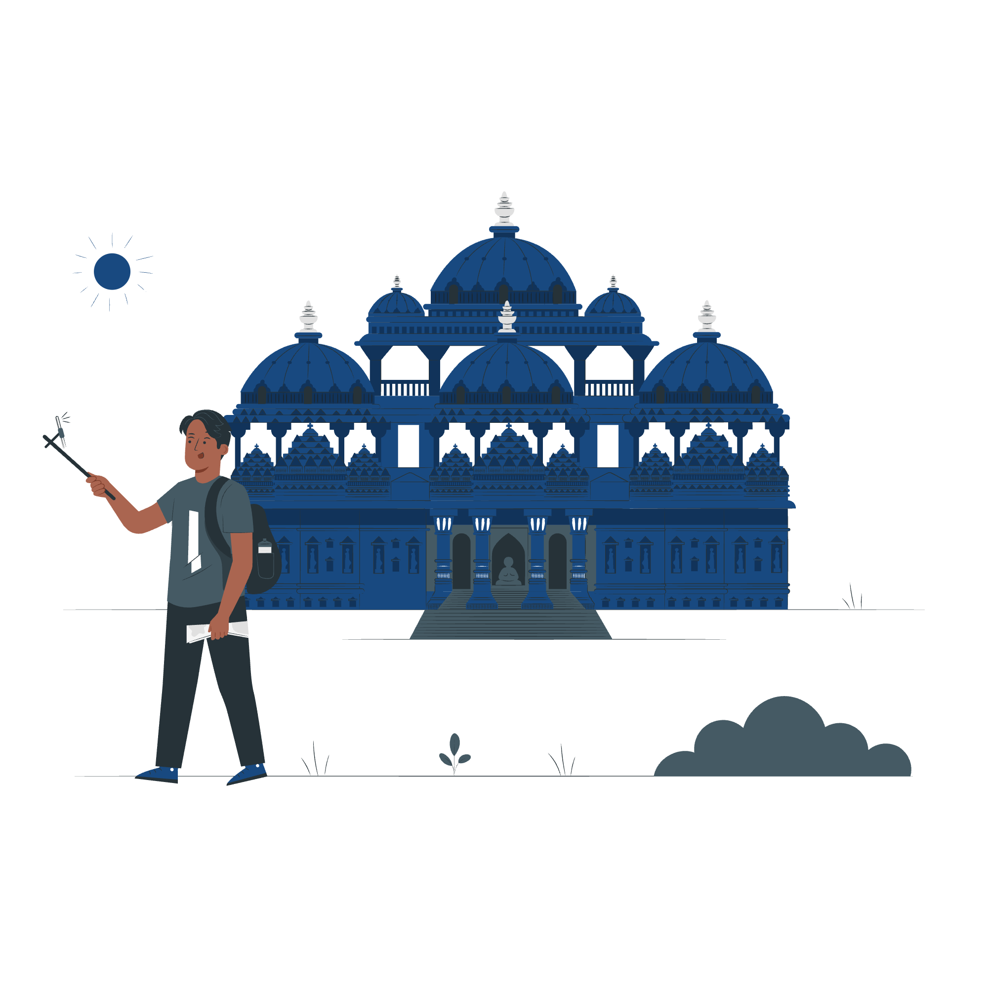 Illustration of a person with a backpack and camera standing in front of a blue architectural building resembling a palace or temple during night or early morning.