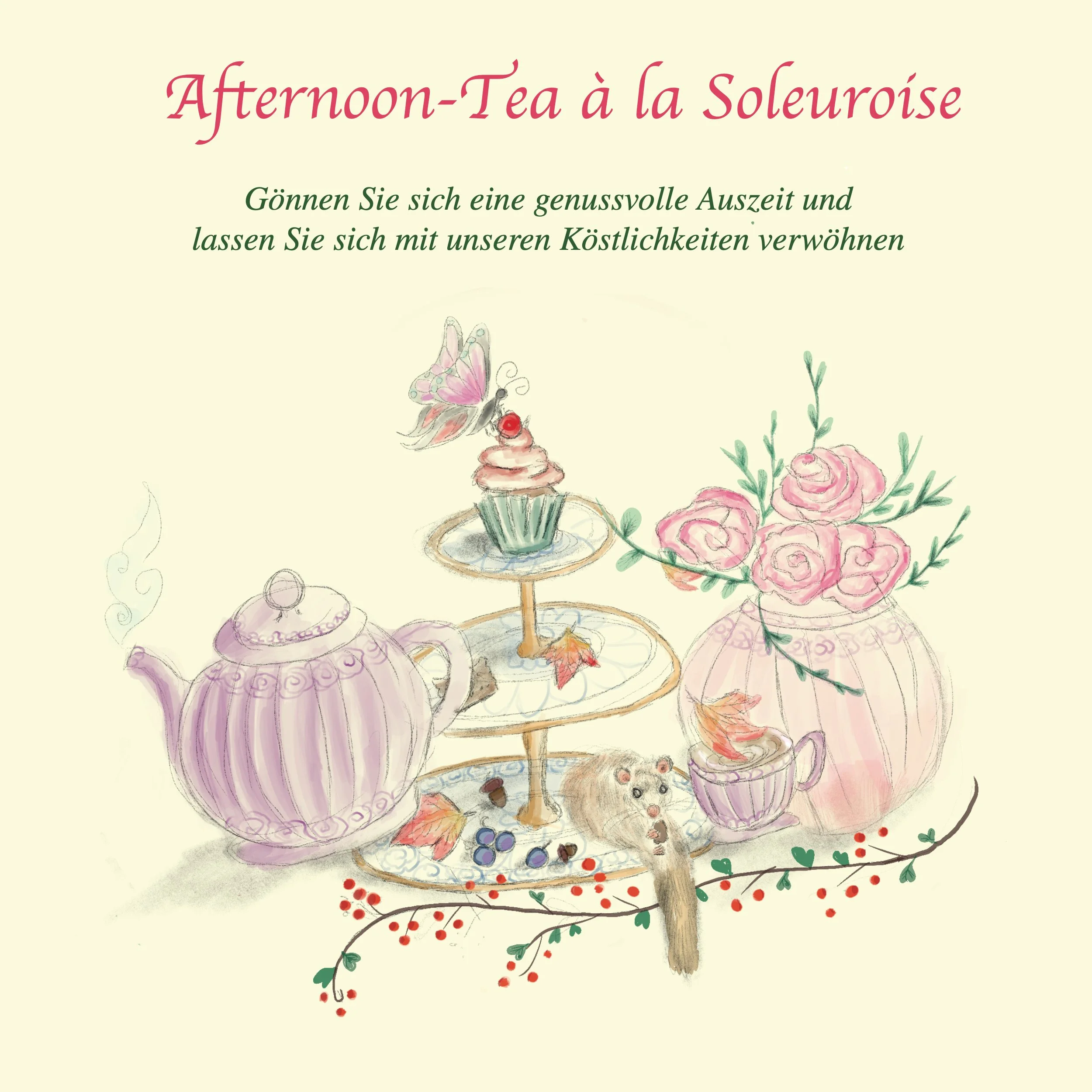 Zeichnung eines Nachmittags-Teetisches mit Blumen, Keramik-Teekanne, Cupcake, Vogel, Schnecke, Beeren und Buchsbaumzweige auf cremefarbenem Hintergrund, mit französischem Text für einen Teeaustausch.