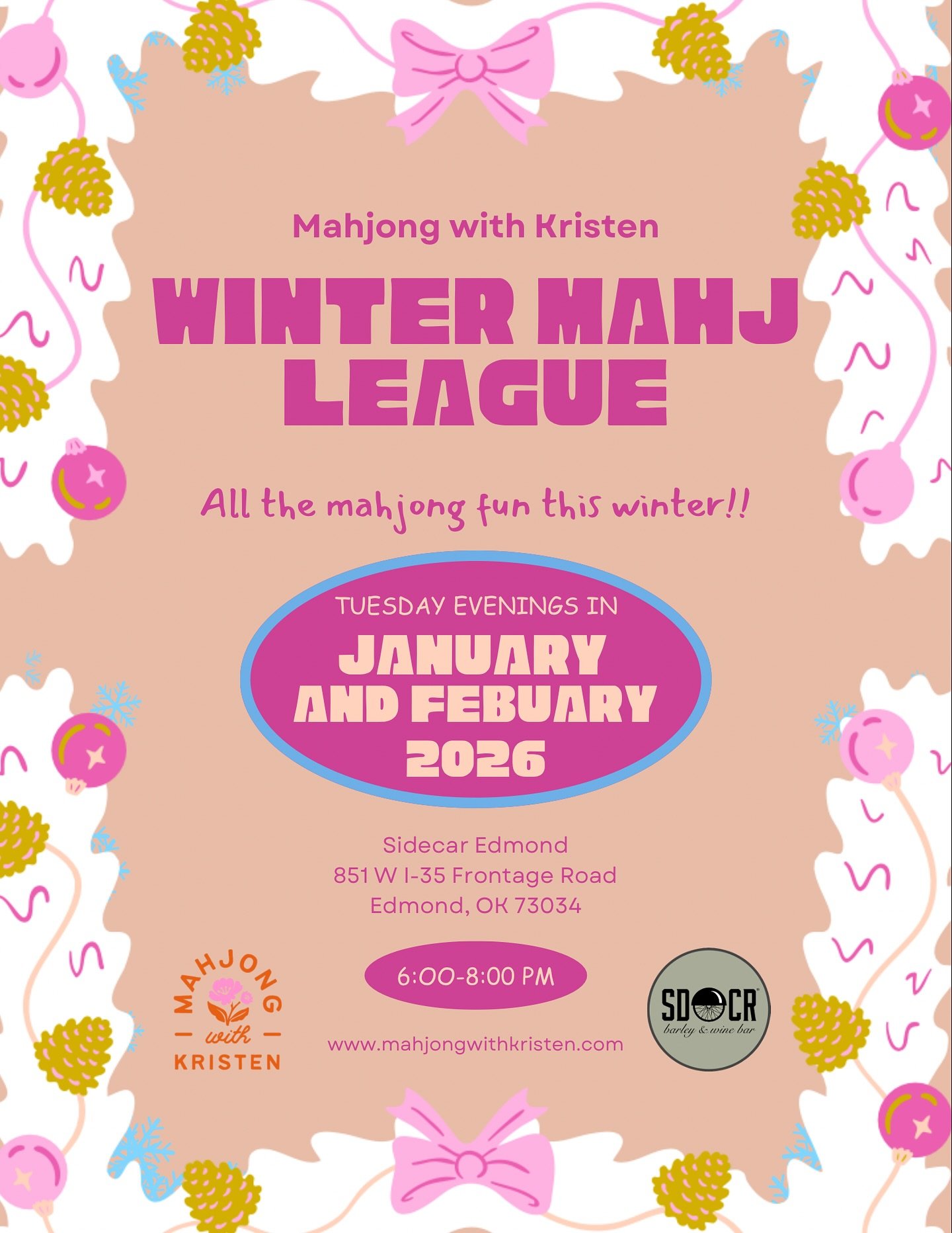 🎉We are so excited to announce our Tuesday Evening Mahjong League at Sidecar Edmond! 🀄️✨

Join us for 8 weeks of tiles, strategy, laughter, and community, all with your favorite cocktail in hand.

🗓 Dates:

Tuesdays, 6&ndash;8pm

January 6, 13, 20