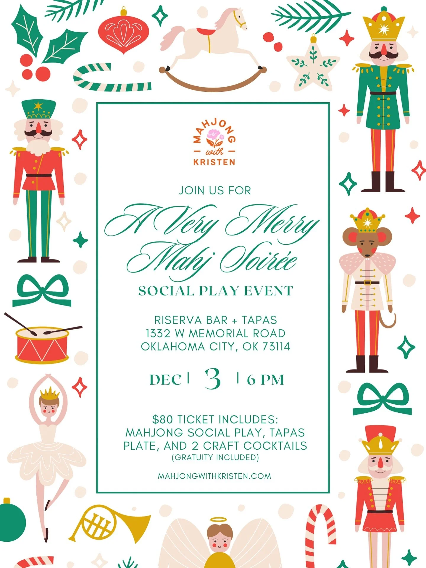 🎄✨ A Very Merry Mahj Soir&eacute;e ✨🎄

Celebrate the season with an evening of mahjong, holiday cheer, craft cocktails, and tapas at Riserva! Your ticket includes social mahjong play, a tapas plate, and two craft cocktails.

Come for the fun, the f