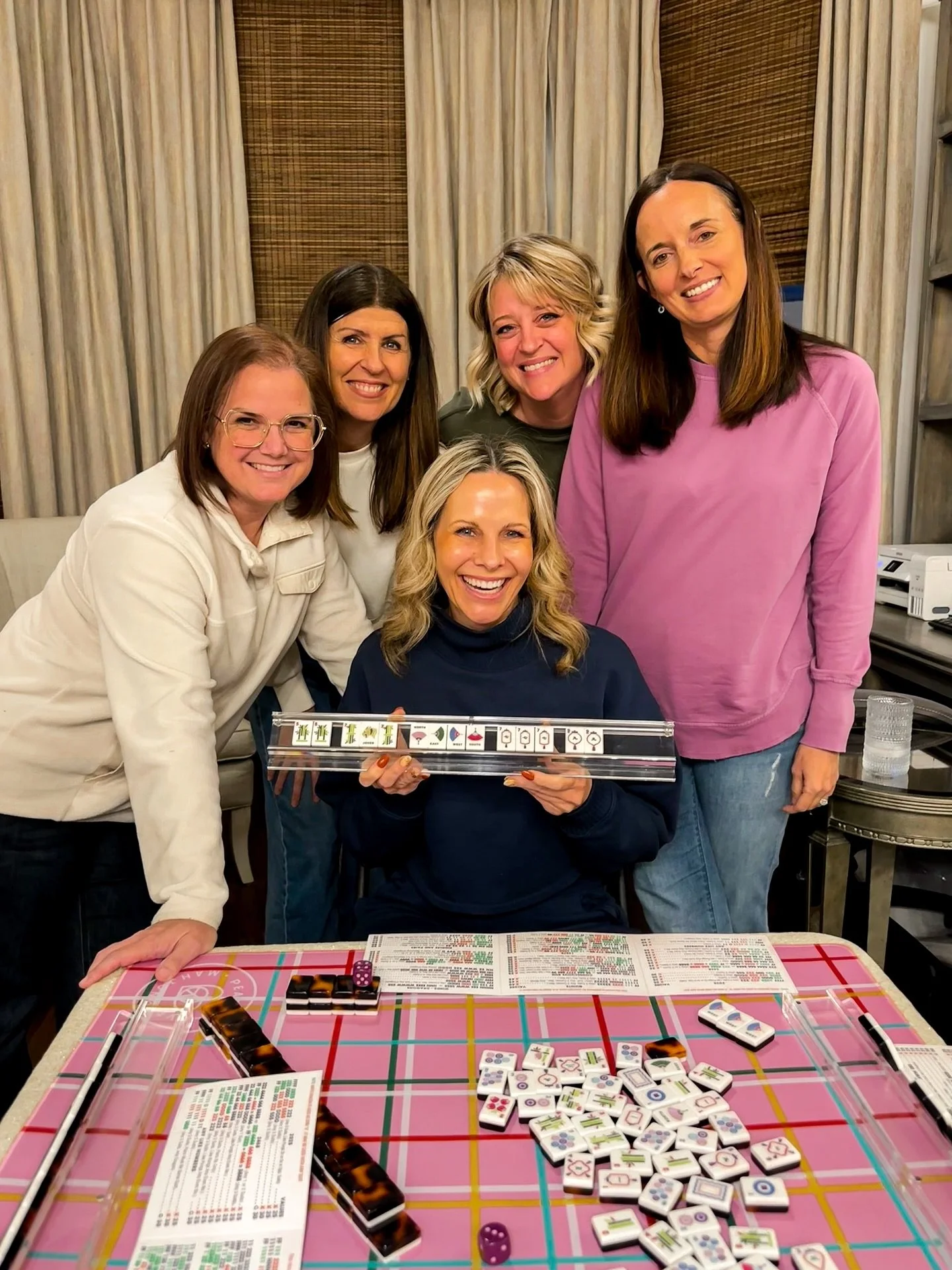 Sweetest friends who now have their own little mahj group! 💕 Loved teaching you all, you&rsquo;re naturals! 🀄️✨

Tiles: @bambirdboutique 
Mat: @peacelovemahjong 
Racks: @myfairmahjong 

use code: MAHJKRISTEN for 10% off these brands!