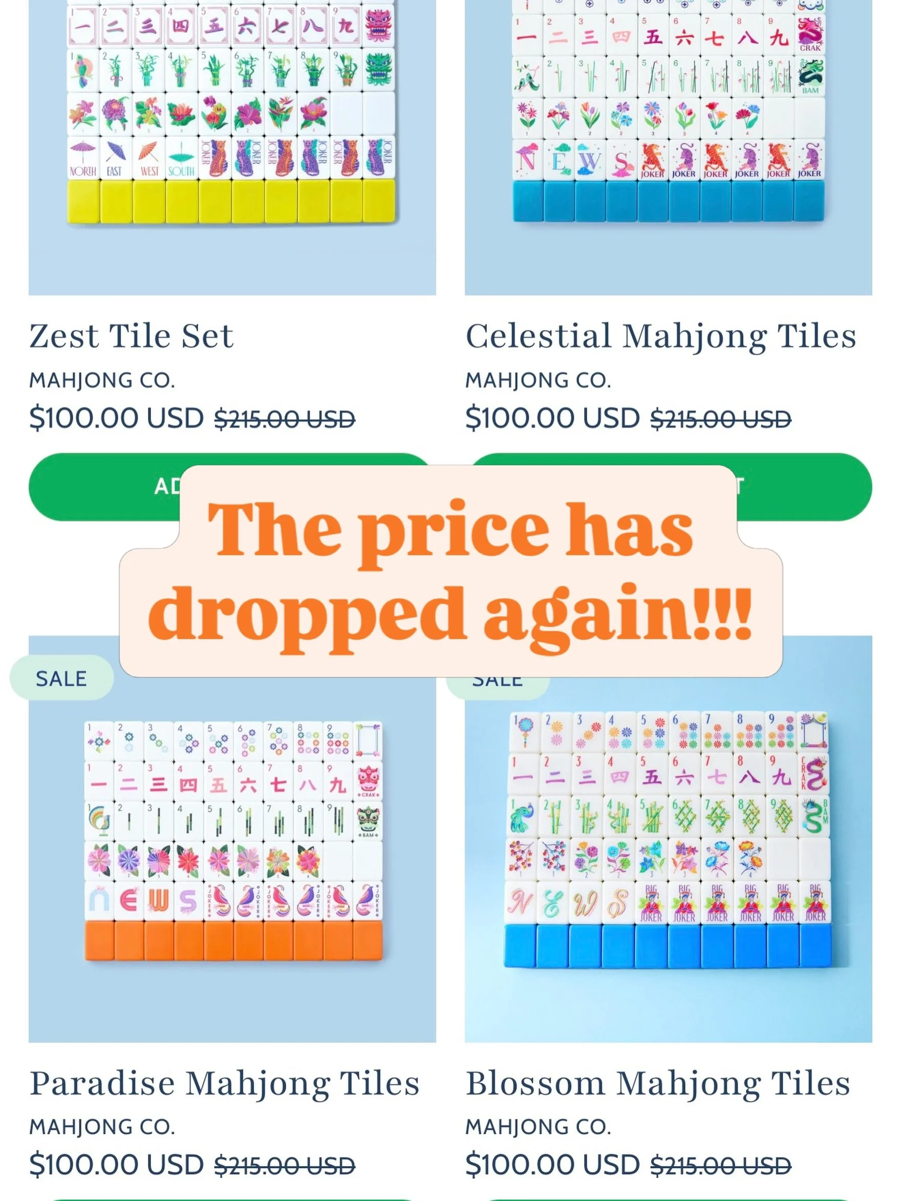 🚨 TILE SALE 🚨

ALL 5 @mahjongco tile sets are now ONLY $100 (regularly $215) + an extra 10% OFF with my code MAHJKRISTEN! 😍🀄️

And YES&hellip; FREE SHIPPING! 🙌🏼

That&rsquo;s a pretty hard-to-pass-up tile deal if you ask me. 👀

If you&rsquo;ve