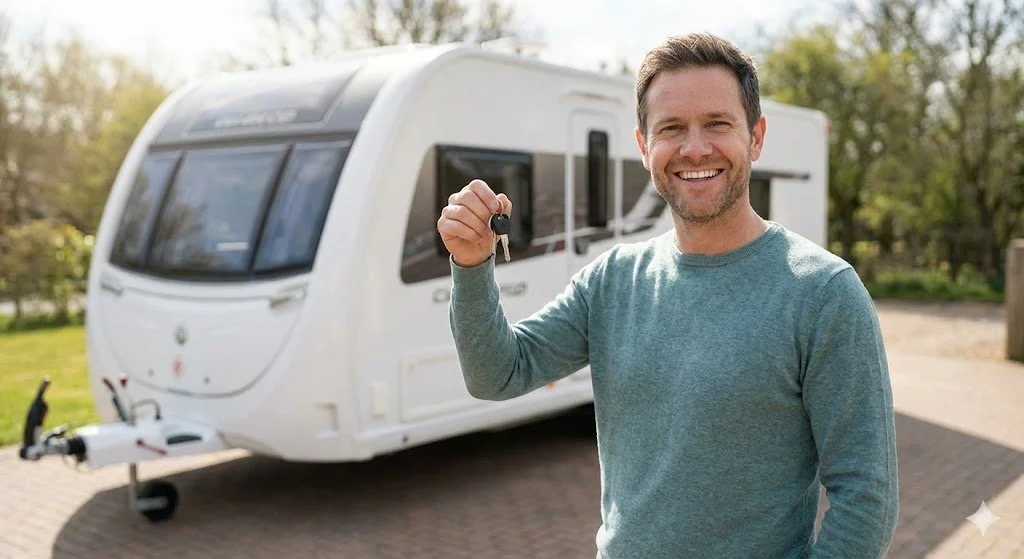 A smiling man in a teal long-sleeve shirt holding a set of keys in front of a white travel trailer on a sunny day.