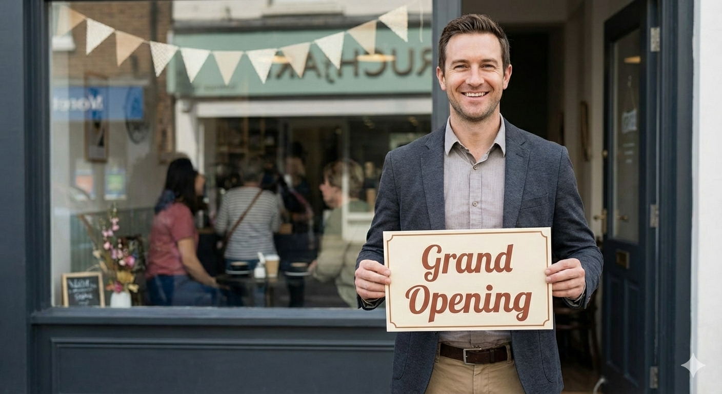 A man in a blazer smiling while holding a sign that reads "Grand Opening" in front of a new business with people inside and a banner hanging above.
