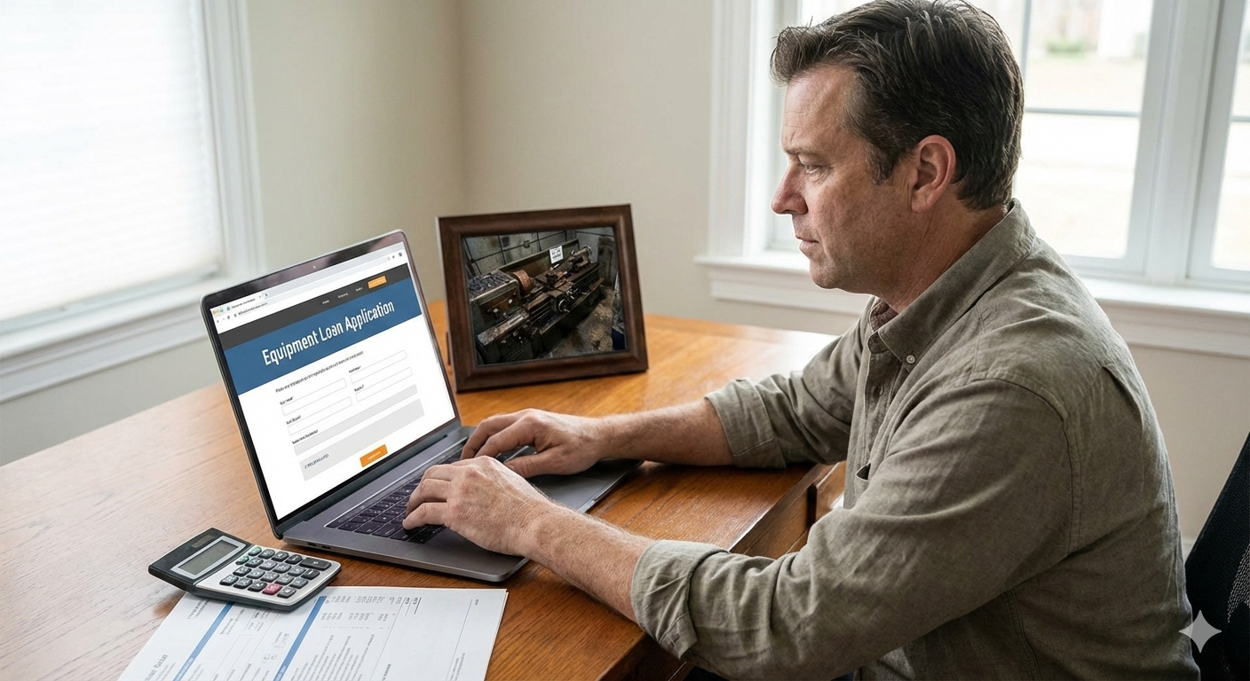 A man sitting at a wooden desk using a laptop to fill out an equipment loan application online. The desk has a calculator and papers, and there is a framed picture of locomotives on the desk. The room has two windows letting in natural light.