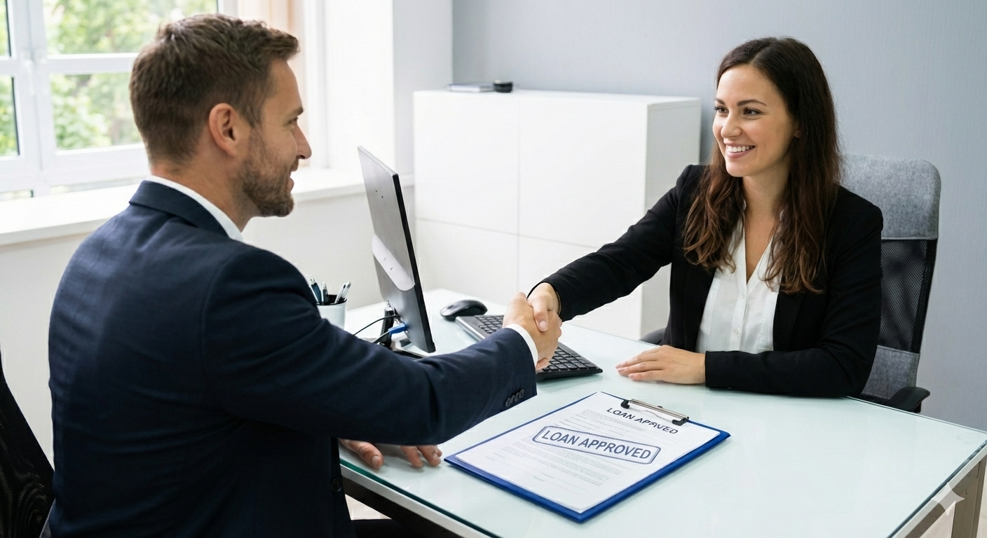 A man and a woman in an office shaking hands, with a loan approval document on the table.