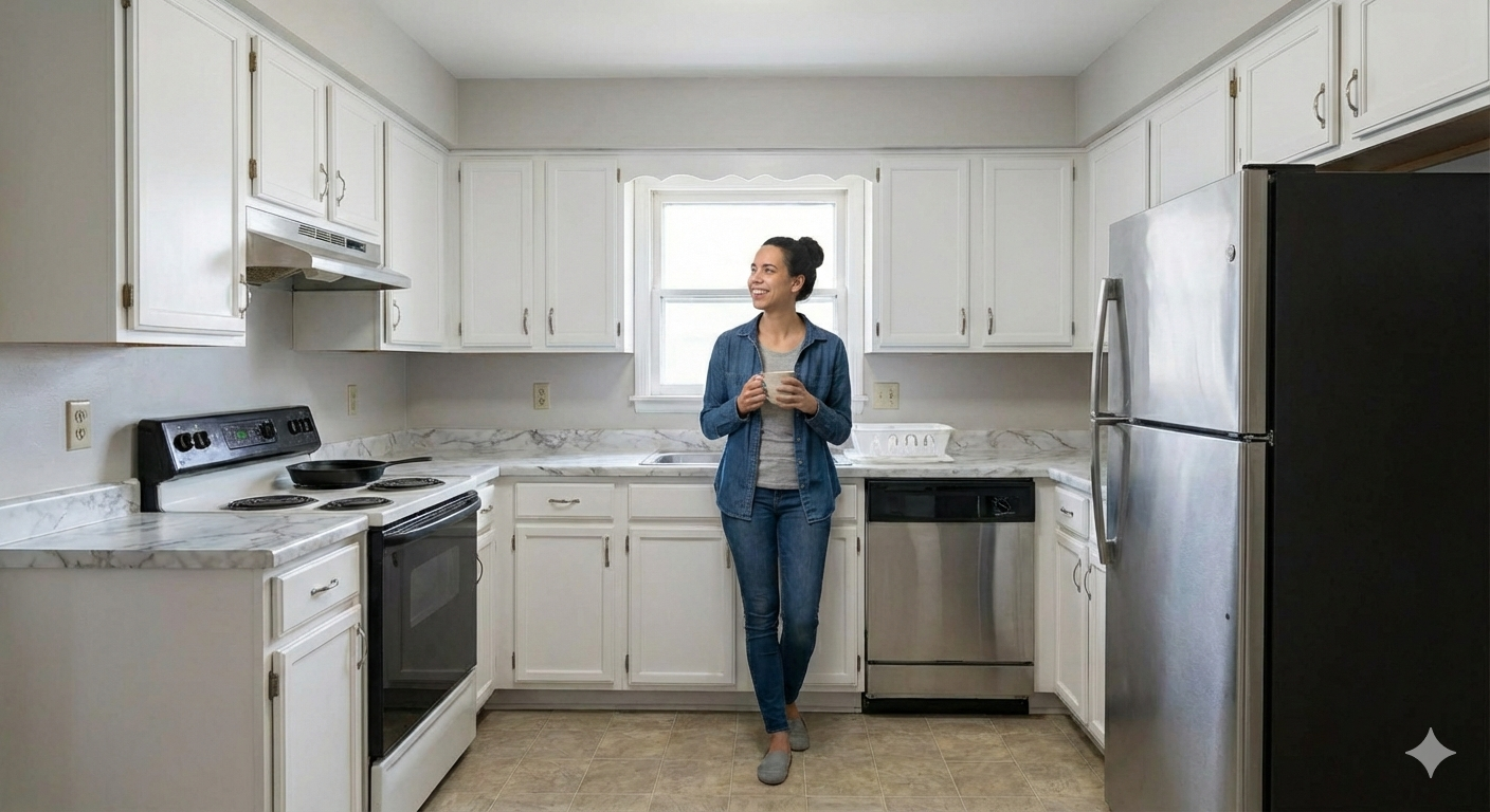 A woman with dark hair tied in a bun, wearing a denim jacket, gray shirt, and jeans, stands in a bright white kitchen, holding a mug and smiling.