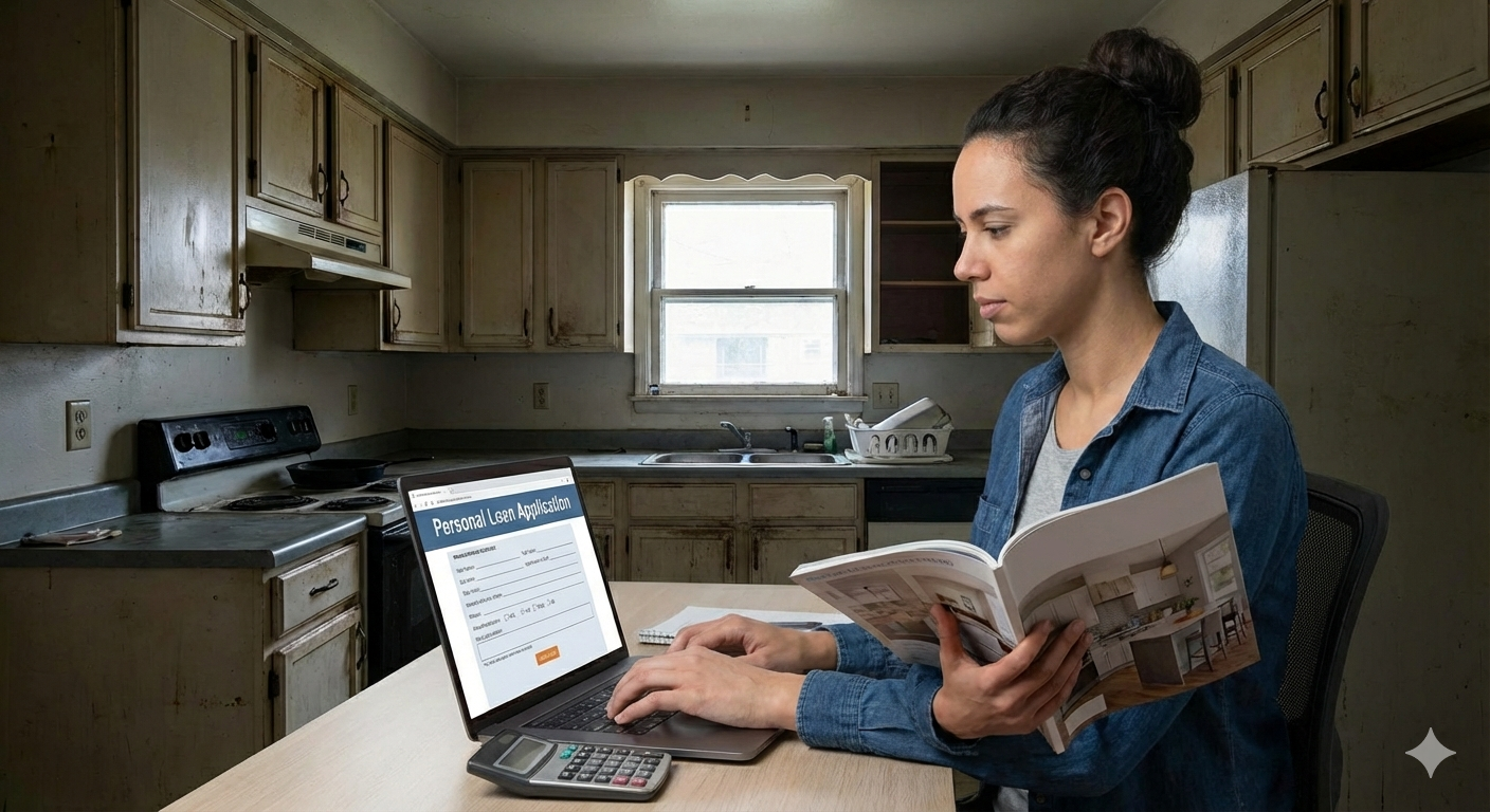 A woman sits at a kitchen counter, using a laptop to fill out a form titled 'Personal Loan Application', while reading a magazine. The kitchen has beige cabinets, a window, and various appliances.