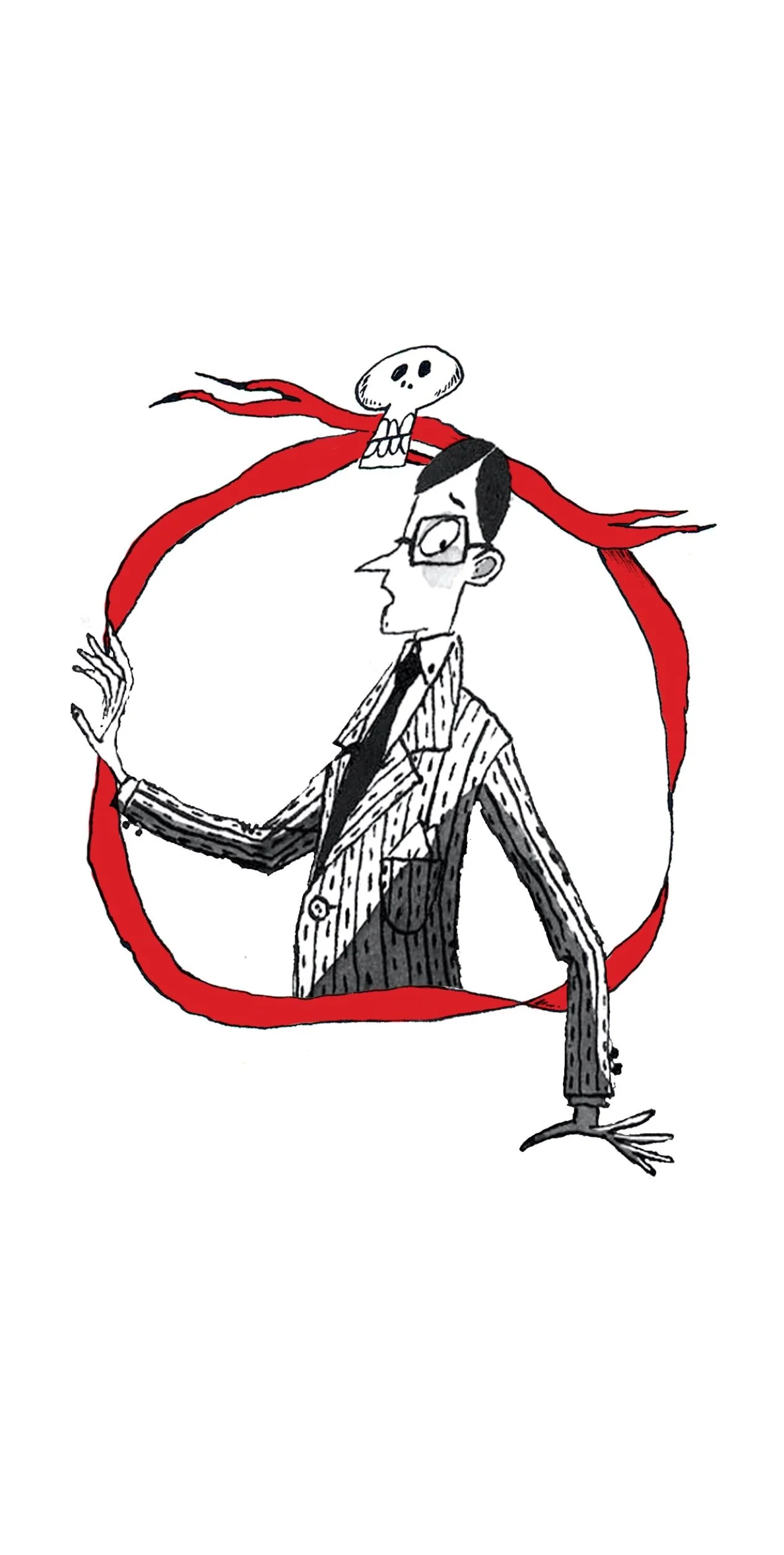 A black and white drawing of a man in a striped suit with glasses, holding his hand up as if in a greeting. He is surrounded by a red circle with a skull on top of his head, and a red scarf flowing around him.