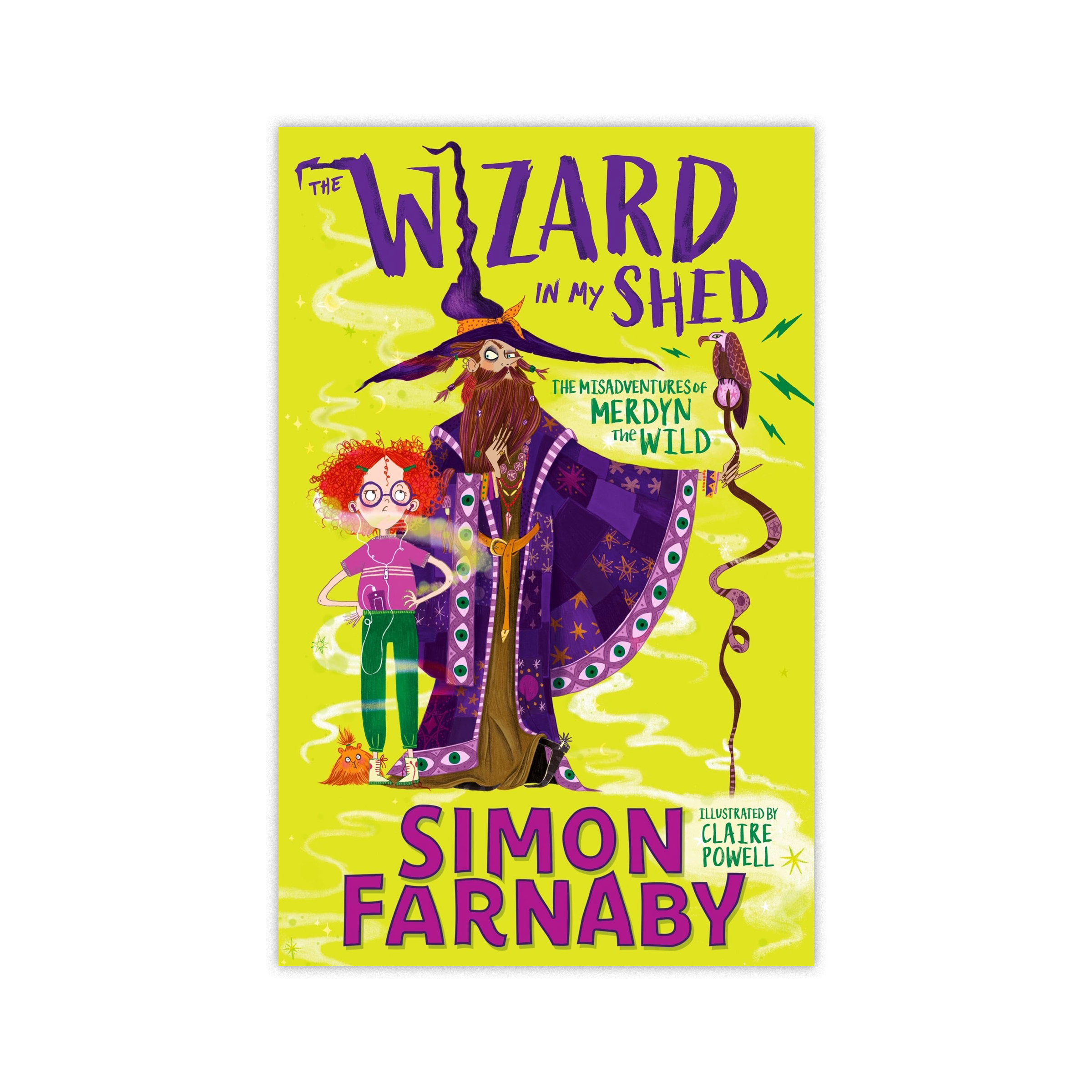 Book cover titled 'The Wizard in My Shed' by Simon Farnaby, featuring a cartoon wizard with a long beard and purple robe, a young girl with curly red hair and glasses, a small orange creature, and a bird on his shoulder, all set against a bright yell