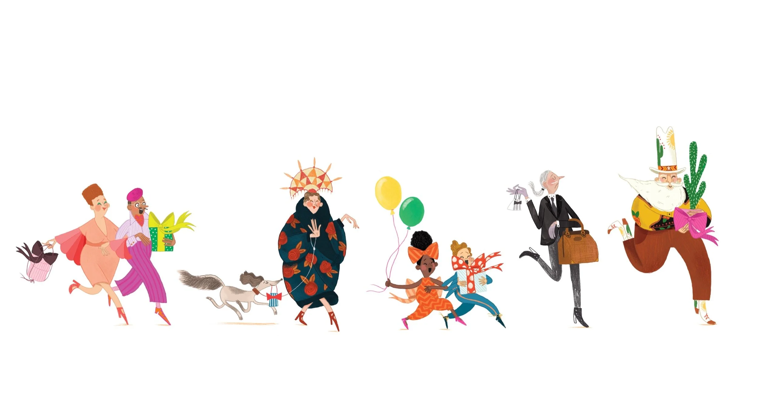 Colorful cartoon characters celebrating a festive occasion, including women, men, children, a dog, and a cactus, with gifts, balloons, and playful expressions.