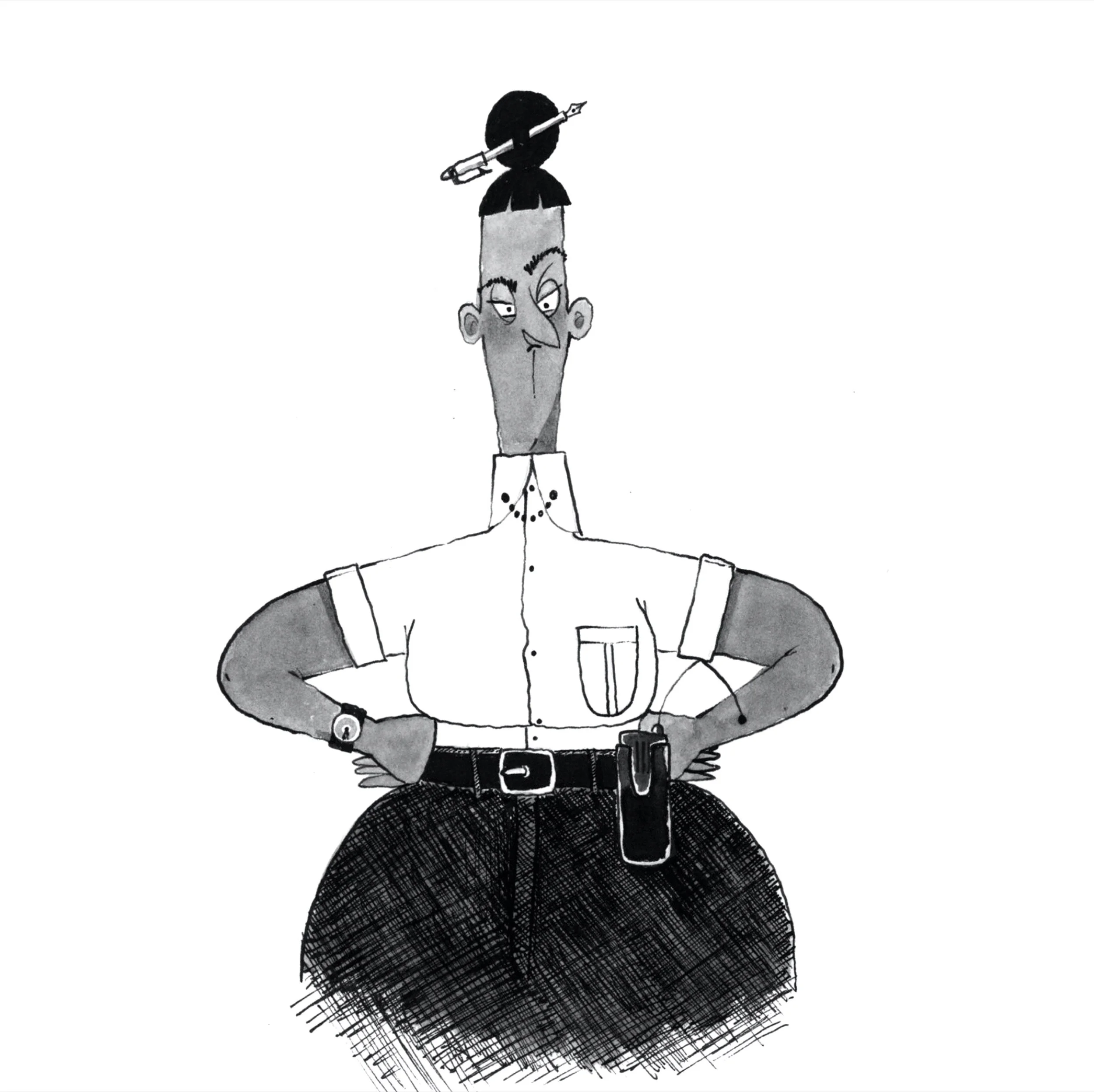 Cartoon illustration of a stern-looking police officer with a thin neck and a tall, cylindrical head. The officer wears a white shirt with rolled-up sleeves, dark plaid pants, a watch on the left wrist, and a radio on the belt. A baton is tucked into