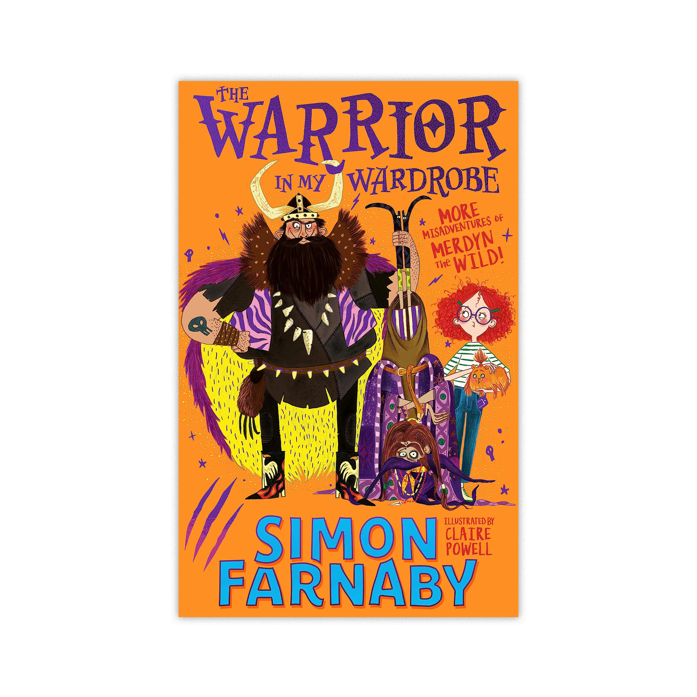 Book cover titled 'The Warrior in My Wardrobe' by Simon Farnaby, illustrated by Claire Powell, featuring a cartoonish Viking warrior with a large beard, helmet, fur cloak, and holding a weapon, standing with three girls, one with curly red hair and g