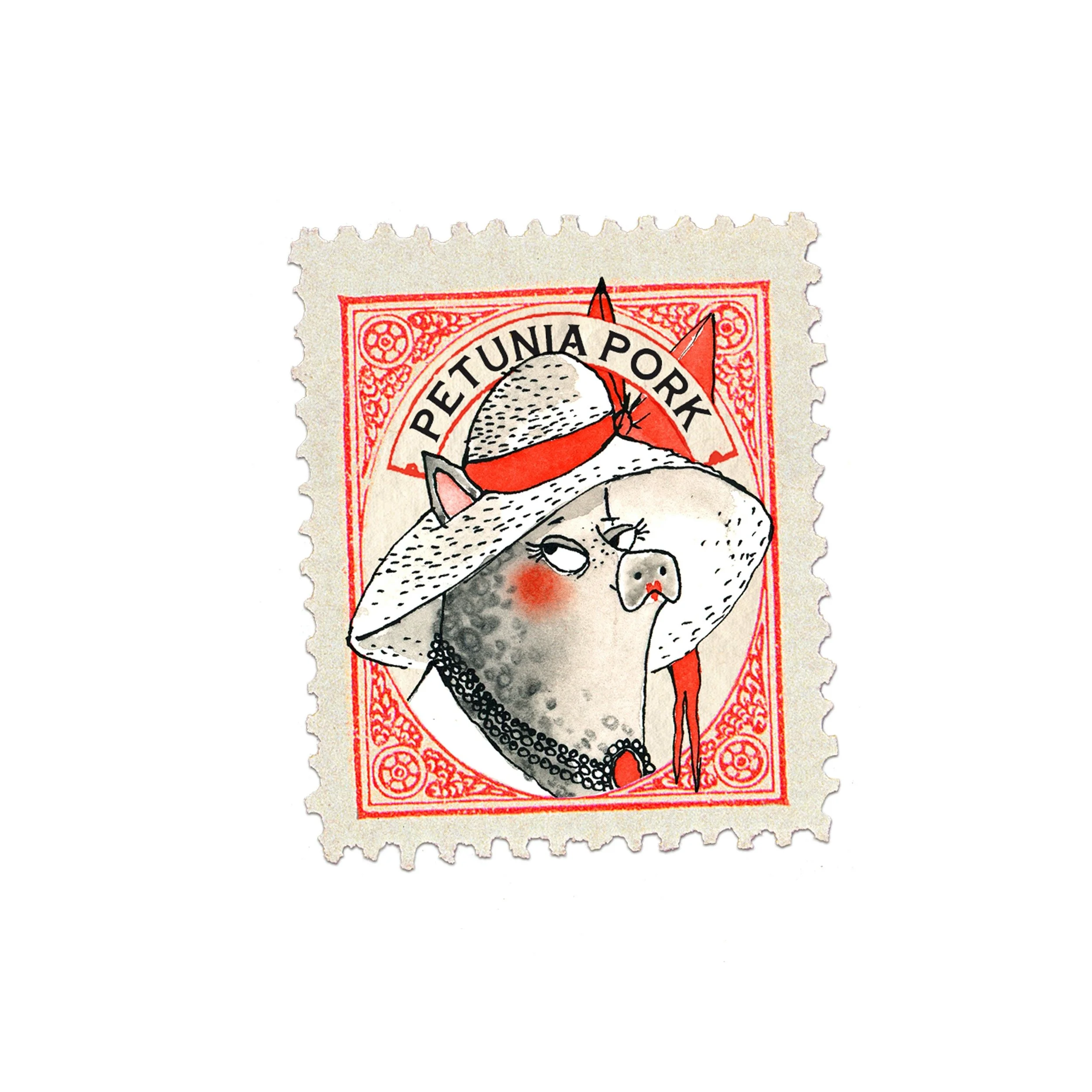 Illustration of a pig dressed as a vintage woman, wearing a large hat and necklace, on a stylized red and white postage stamp with the text 'Petunia Pork'.