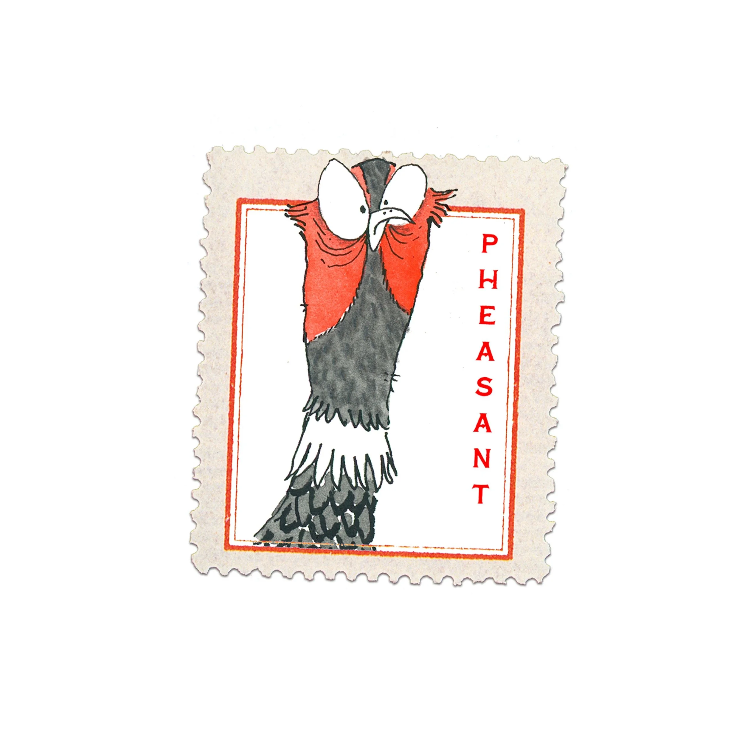 A postage stamp featuring a cartoon illustration of a turkey with angry eyes and a red wattle. The word 'PEASANT' is written vertically on the right side of the stamp in red capital letters.