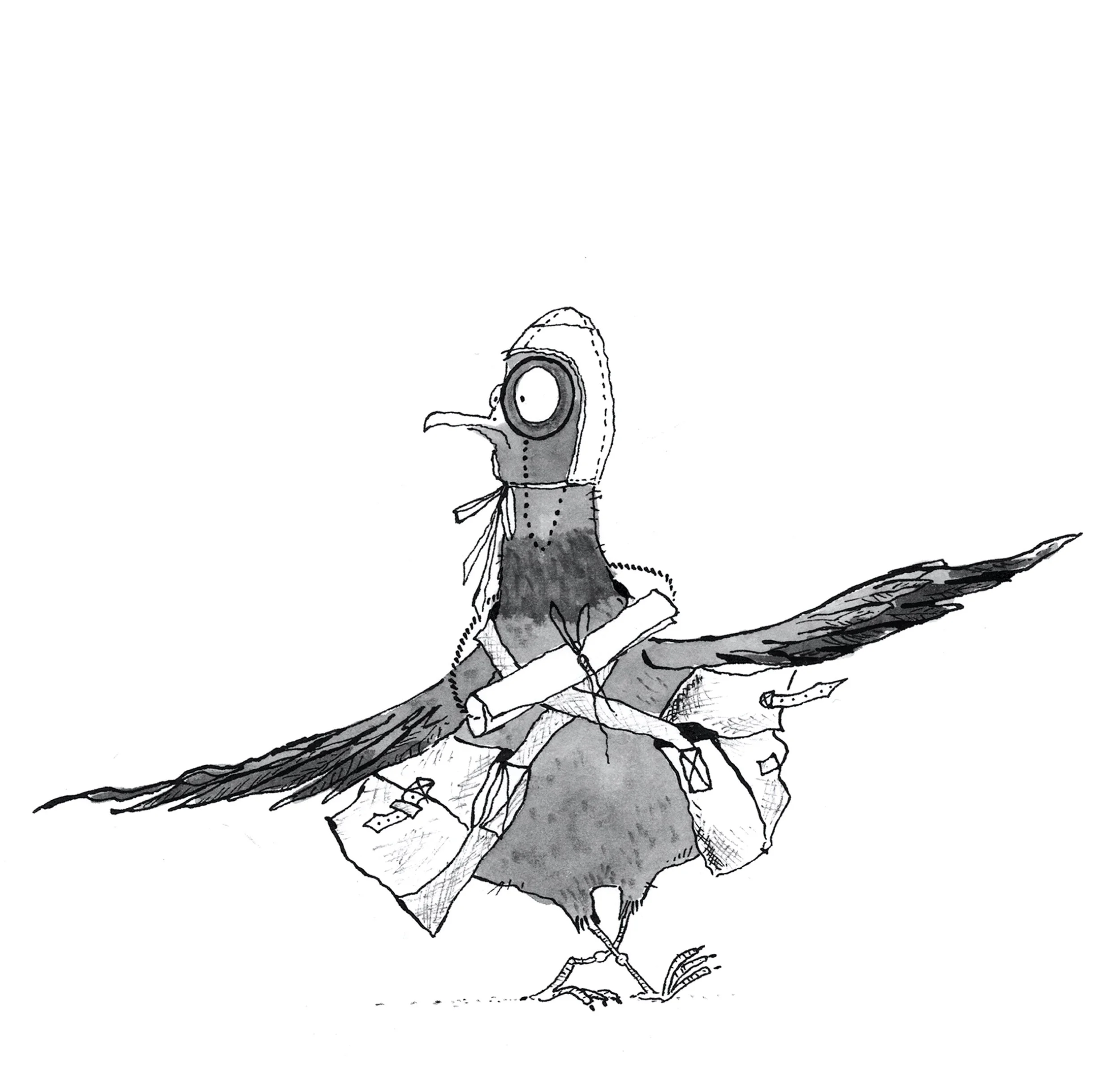 A cartoon bird wearing a pilot helmet and goggles, with a rolled-up paper under its wing, carrying a bag on its shoulder, and standing on one leg.