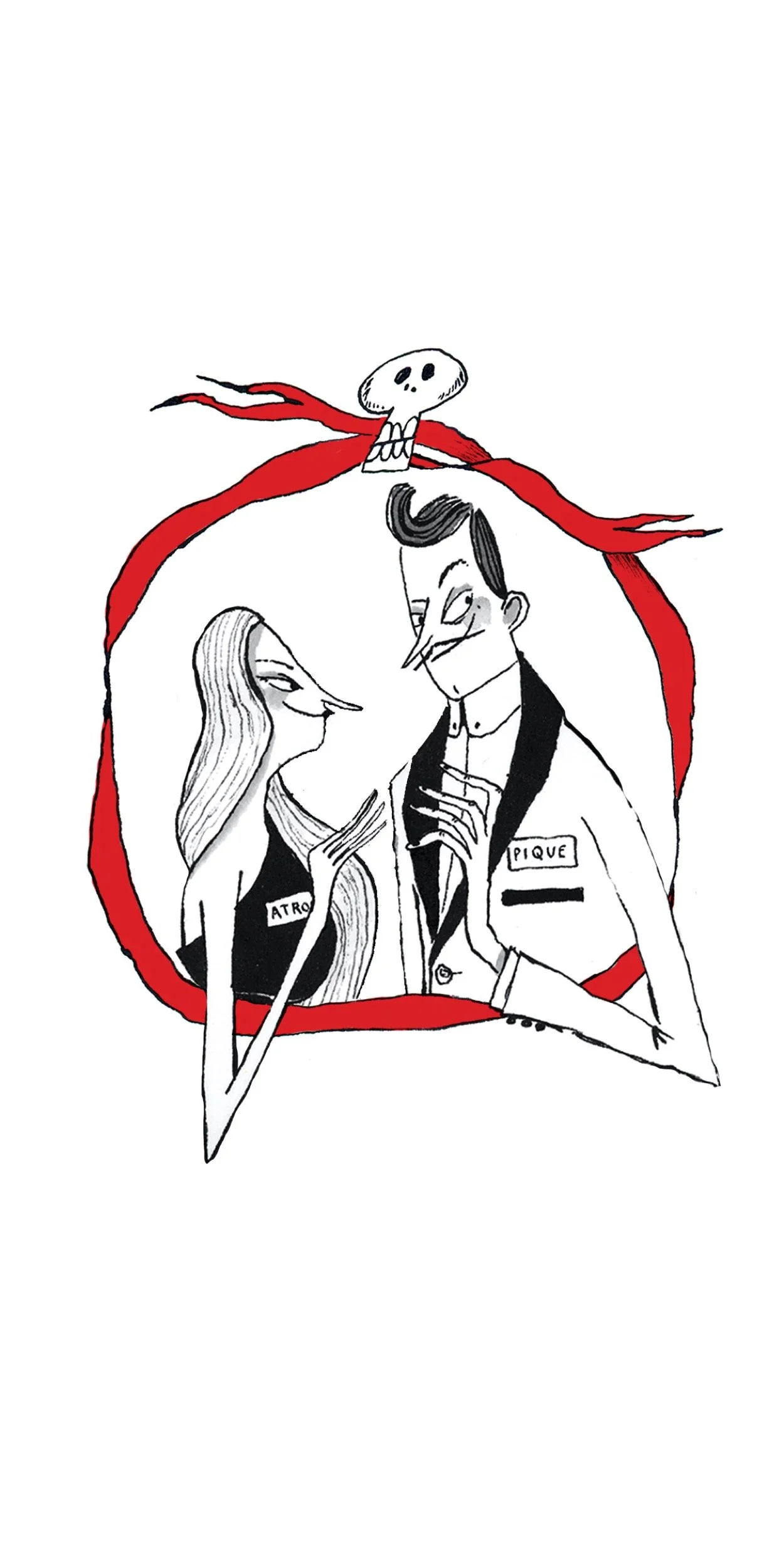 A black and white line drawing of a man and woman with mischievous expressions, dressed as a doctor and nurse, inside a red-bordered frame topped with a skull and red ribbon. The woman has long hair and a nametag that reads "ATRO," while the man has
