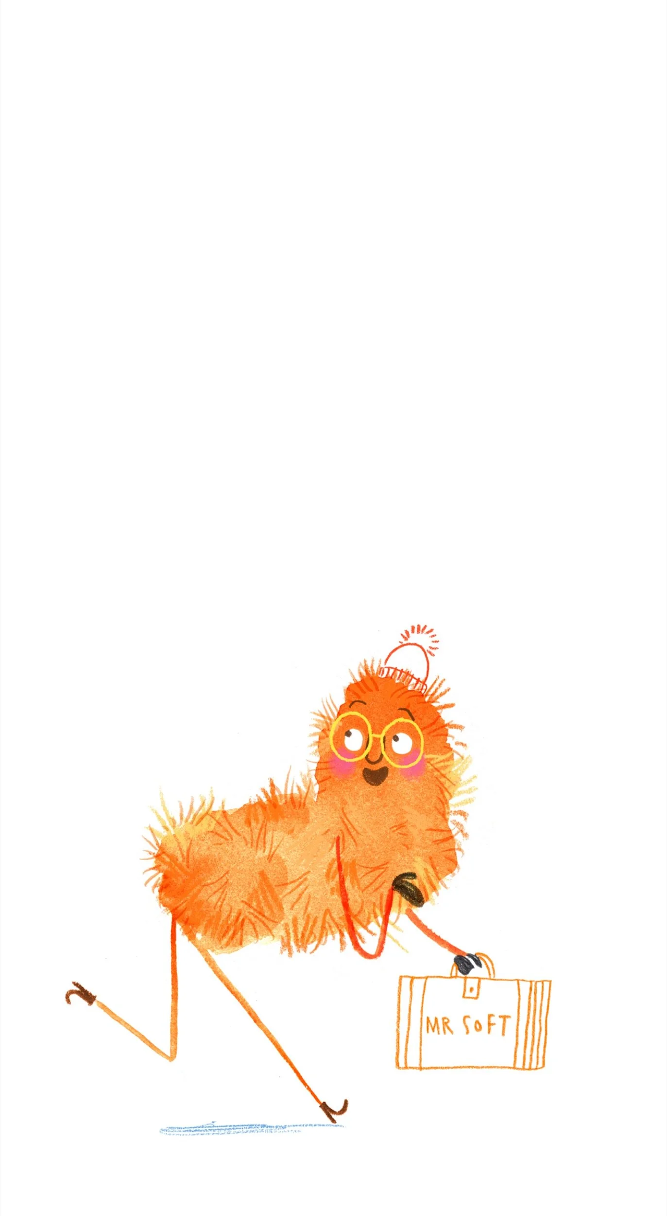 A cute, fuzzy orange creature with glasses, holding a briefcase labeled 'Mr. Soft', depicted in a whimsical, animated style.