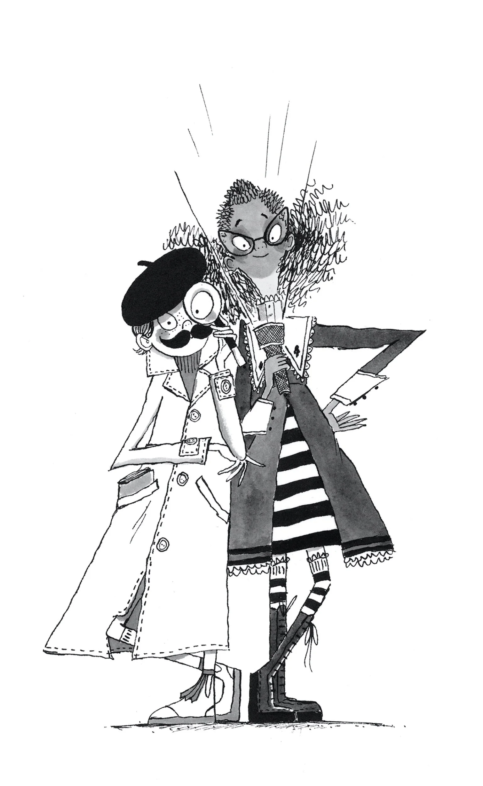 Black and white illustration of two characters, a man with glasses, a large moustache, and a lab coat, and a woman with glasses and frizzy hair, holding a microphone and a clipboard, appearing excited.