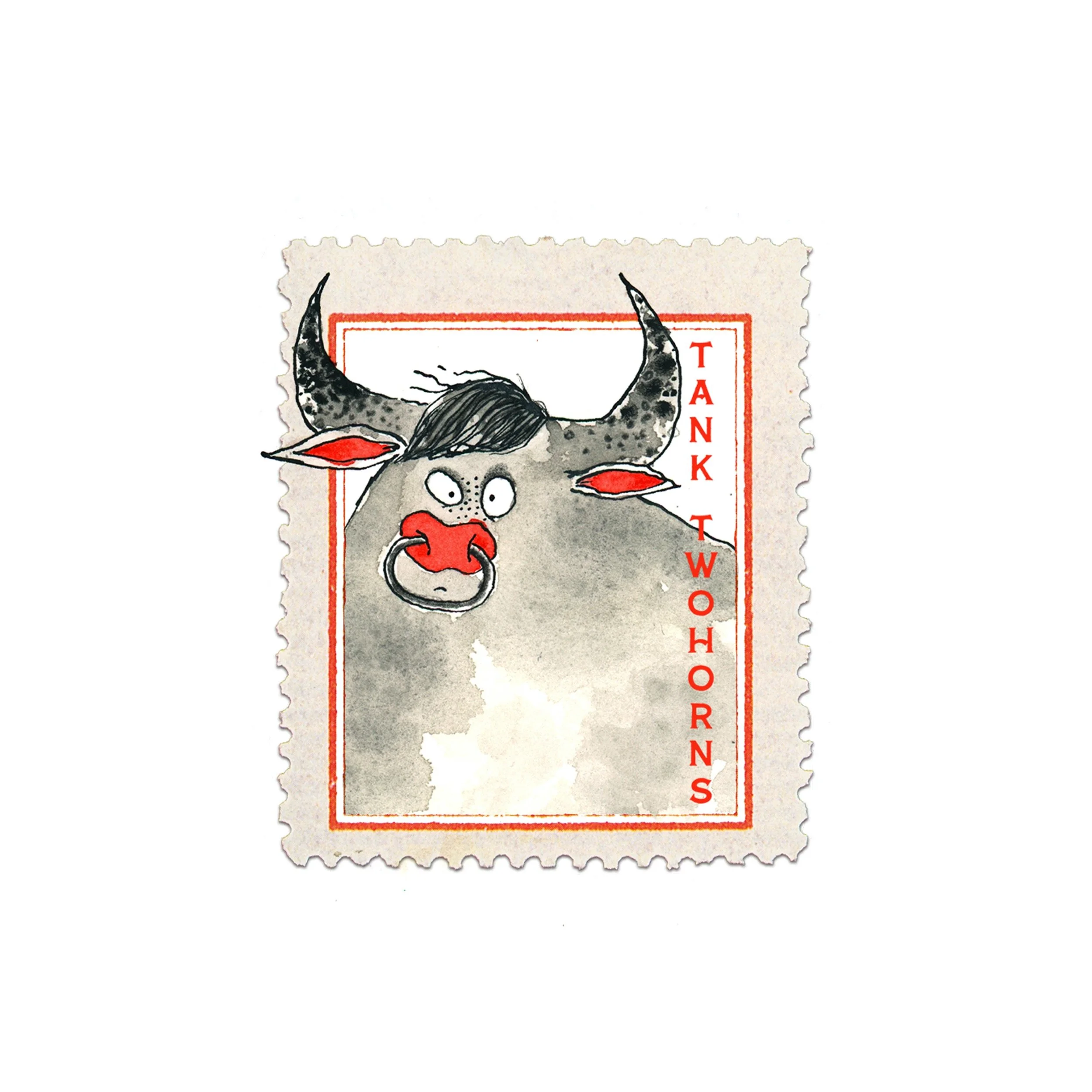 A watercolor illustration of a cartoon-style bovine with exaggerated facial features, including wide eyes, large red nose, nose ring, and curled horns. The image is framed with a red border and contains the text "TANK WHO RNS" written vertically on t