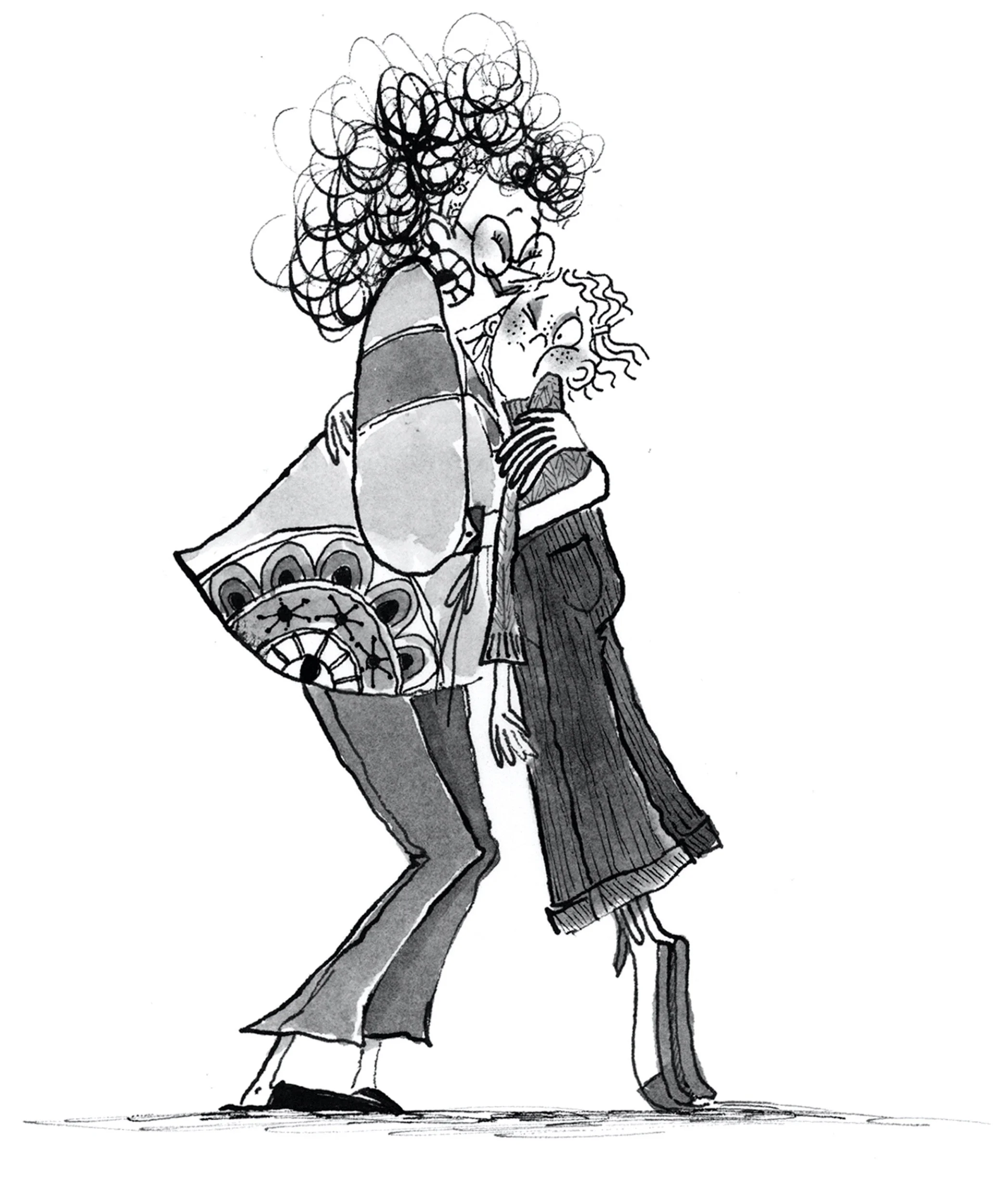 Sketch of two women hugging, one carrying a large bag with decorative patterns, both with curly hair and wearing casual clothes.
