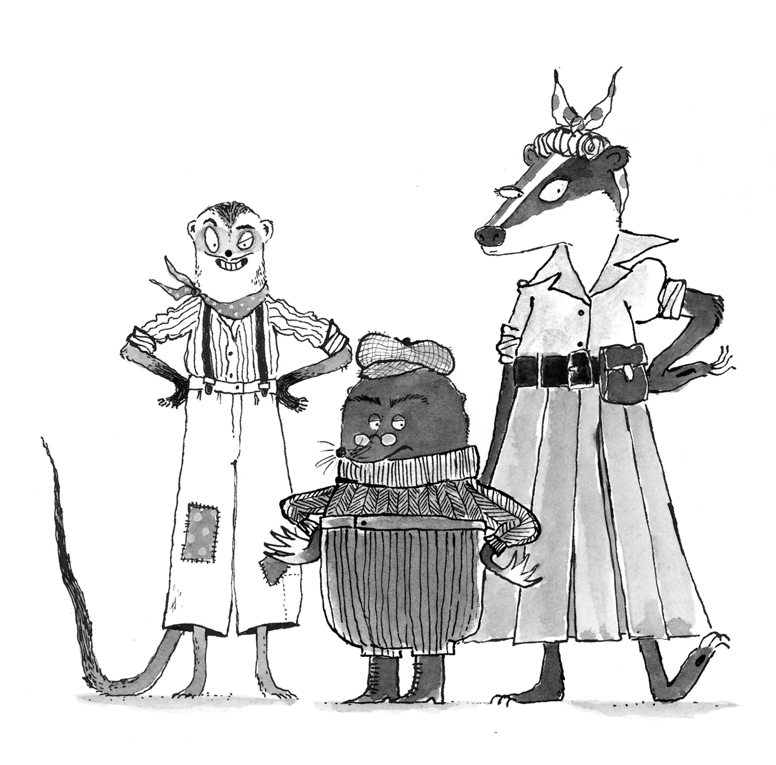 Black and white drawing of three anthropomorphic animals dressed in clothing, standing side by side. From left to right: a confident rat with a patched coat and hands on hips, a serious beaver wearing a beret and striped sweater, and a stern fox with
