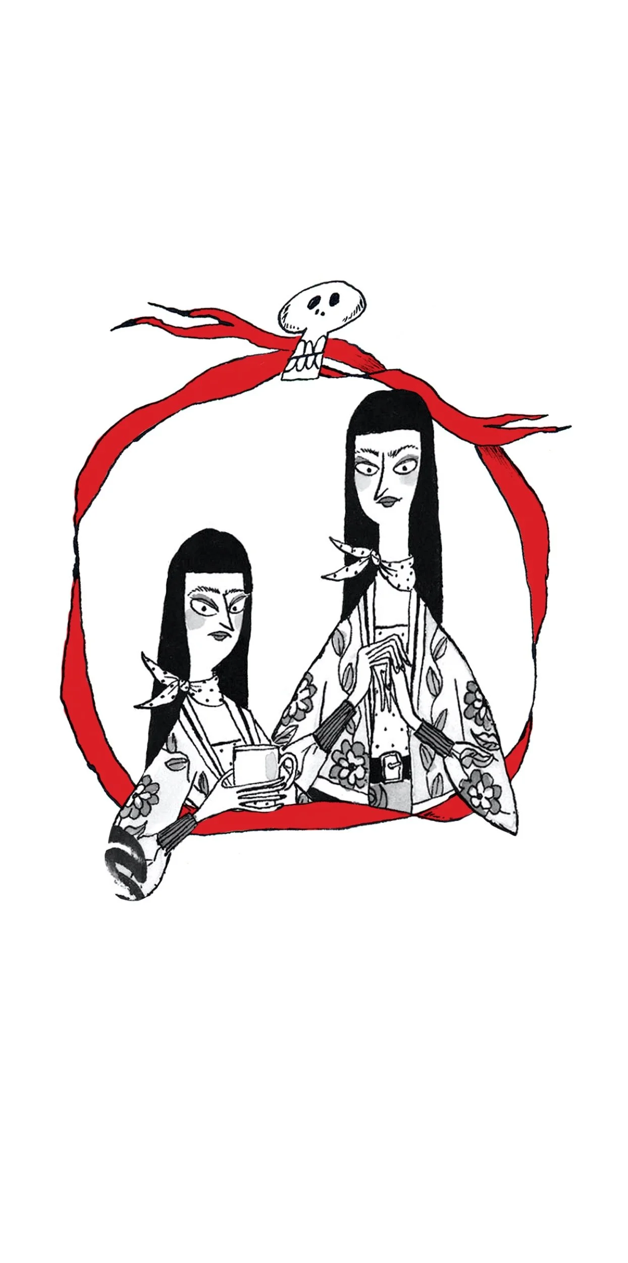 Black and white illustration of two women with long hair, wearing patterned kimono-style outfits and bandanas, surrounded by a red ribbon and a skull with a red scarf at the top.