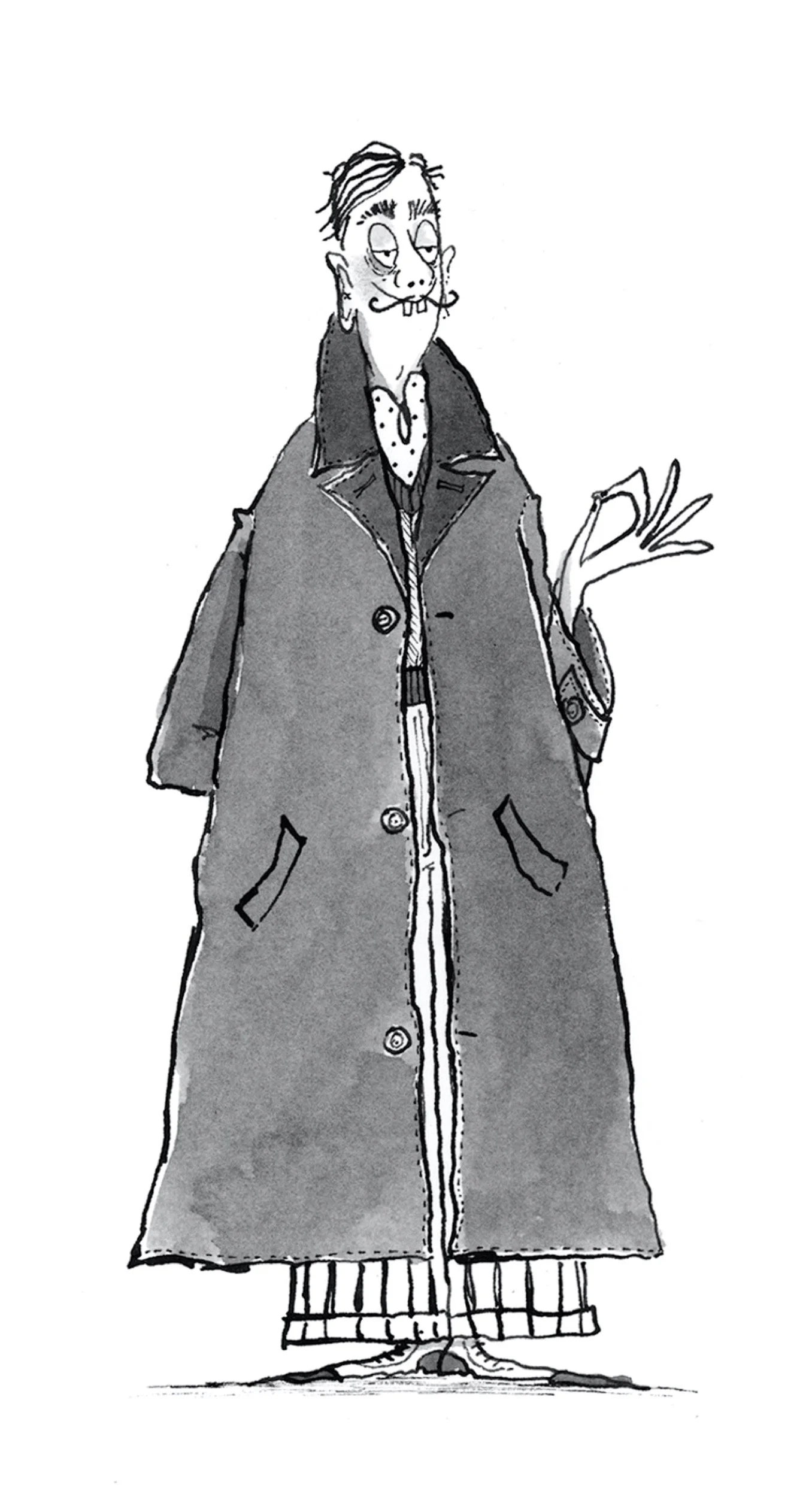 Black and white illustration of a tall, slender man with a mustache and goatee, wearing a long coat, striped pants, and a patterned shirt, standing with one hand raised.
